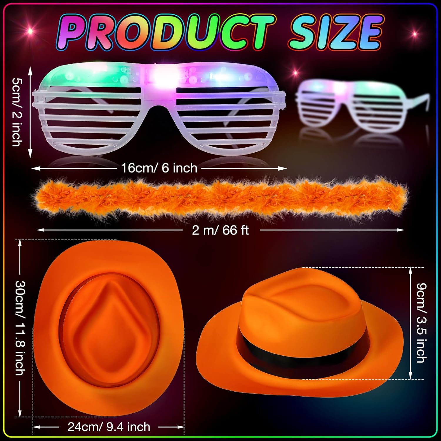 54 Piece Halloween Neon Party Kit with LED Glasses and Gangster Hats