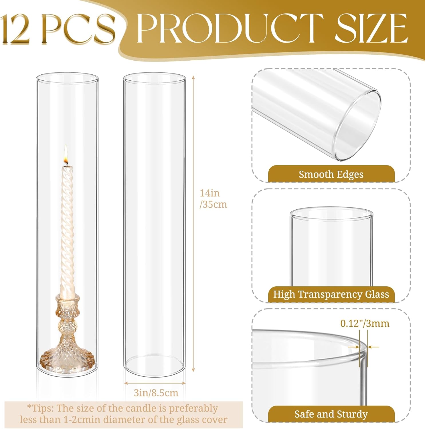 12 Pcs Hurricane Candle Holder Sleeve Clear Glass Cylinder Open Ends