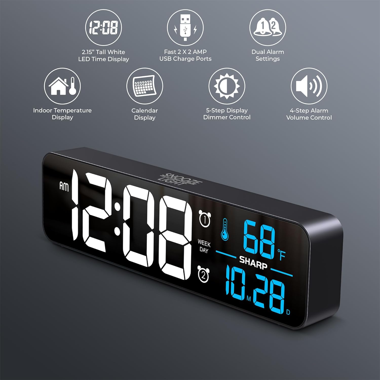 Sharp Digital Alarm Clock with Temperature Display