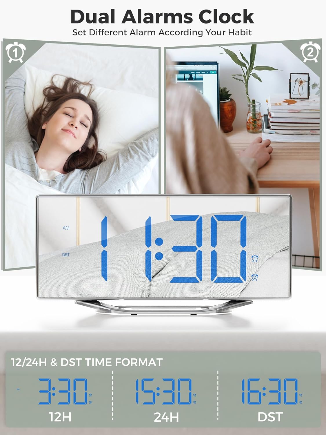 PPLEE 87 LED Mirror Alarm Clock with Dual Alarms