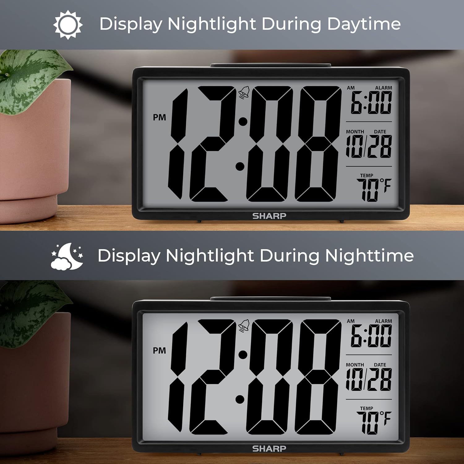 Sharp Alarm Clock with Jumbo 28 Display and Nightlight - Black