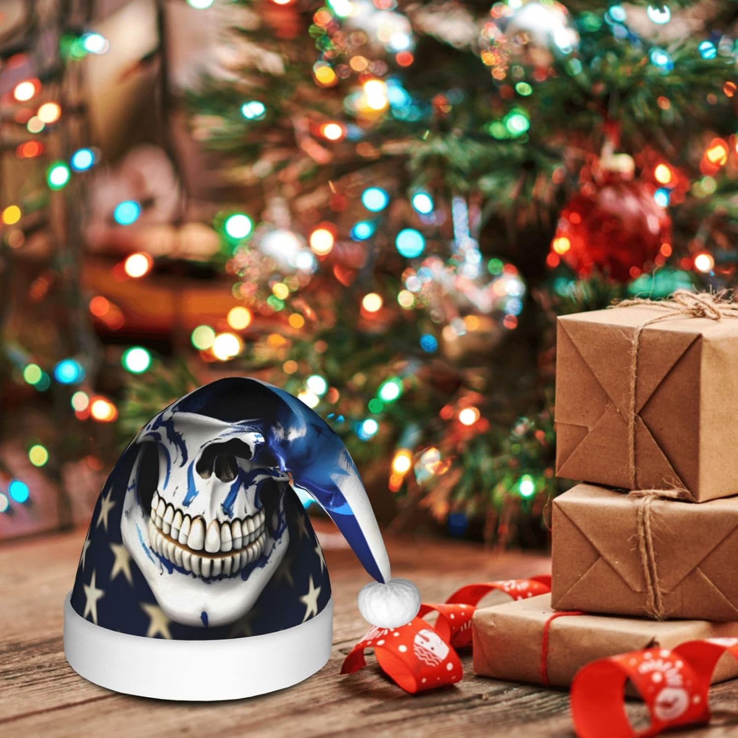 QINZHENG Personalized Santa Hat with Blue Stripe Stars Skull Print
