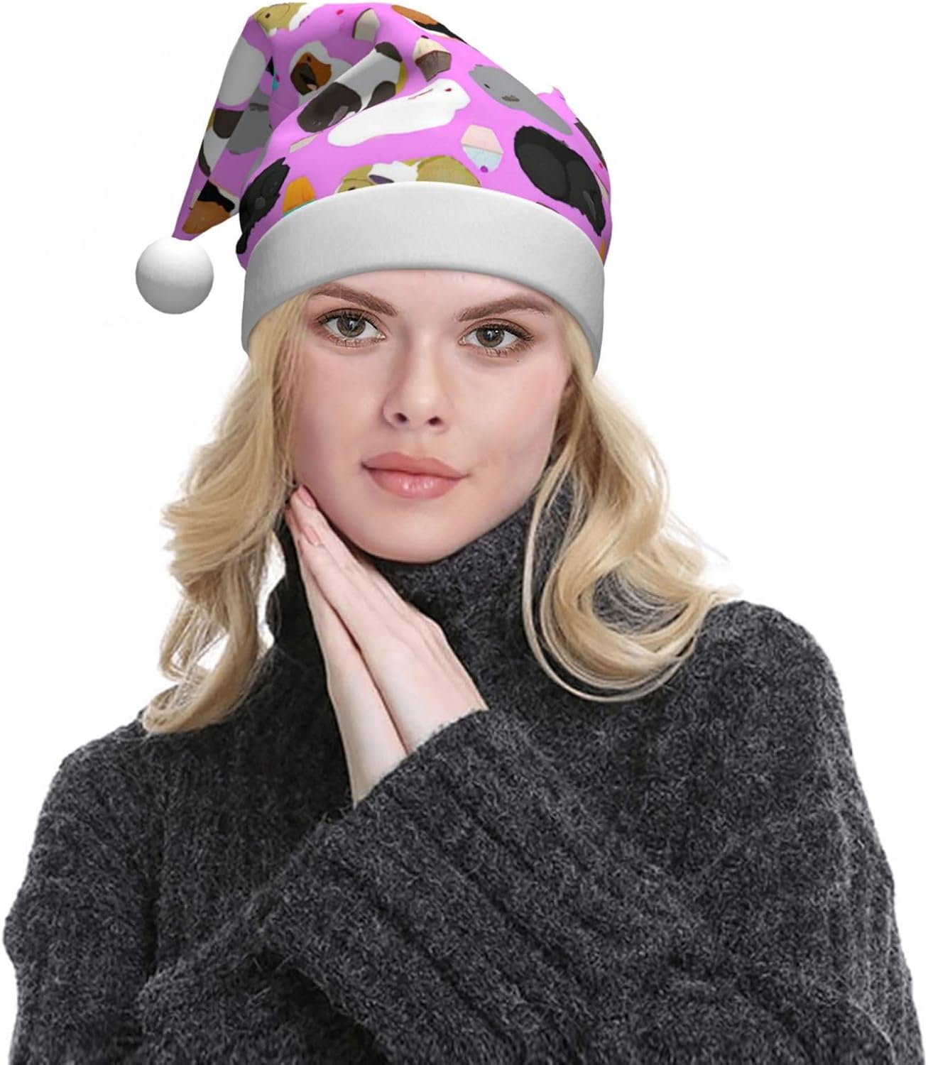 QinZheng Personalized Santa Hat with Guinea Pigs and Cupcakes Print