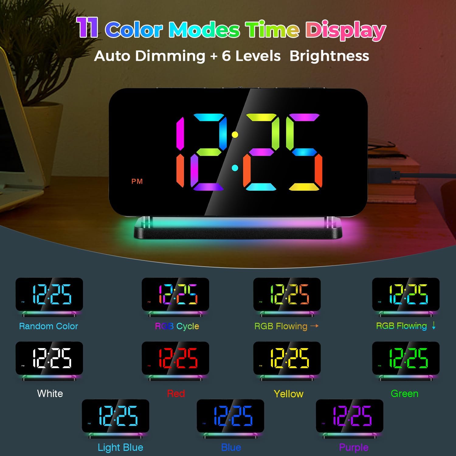 Poeroa Digital Alarm Clock with RGB Night Light and Large Display - Black