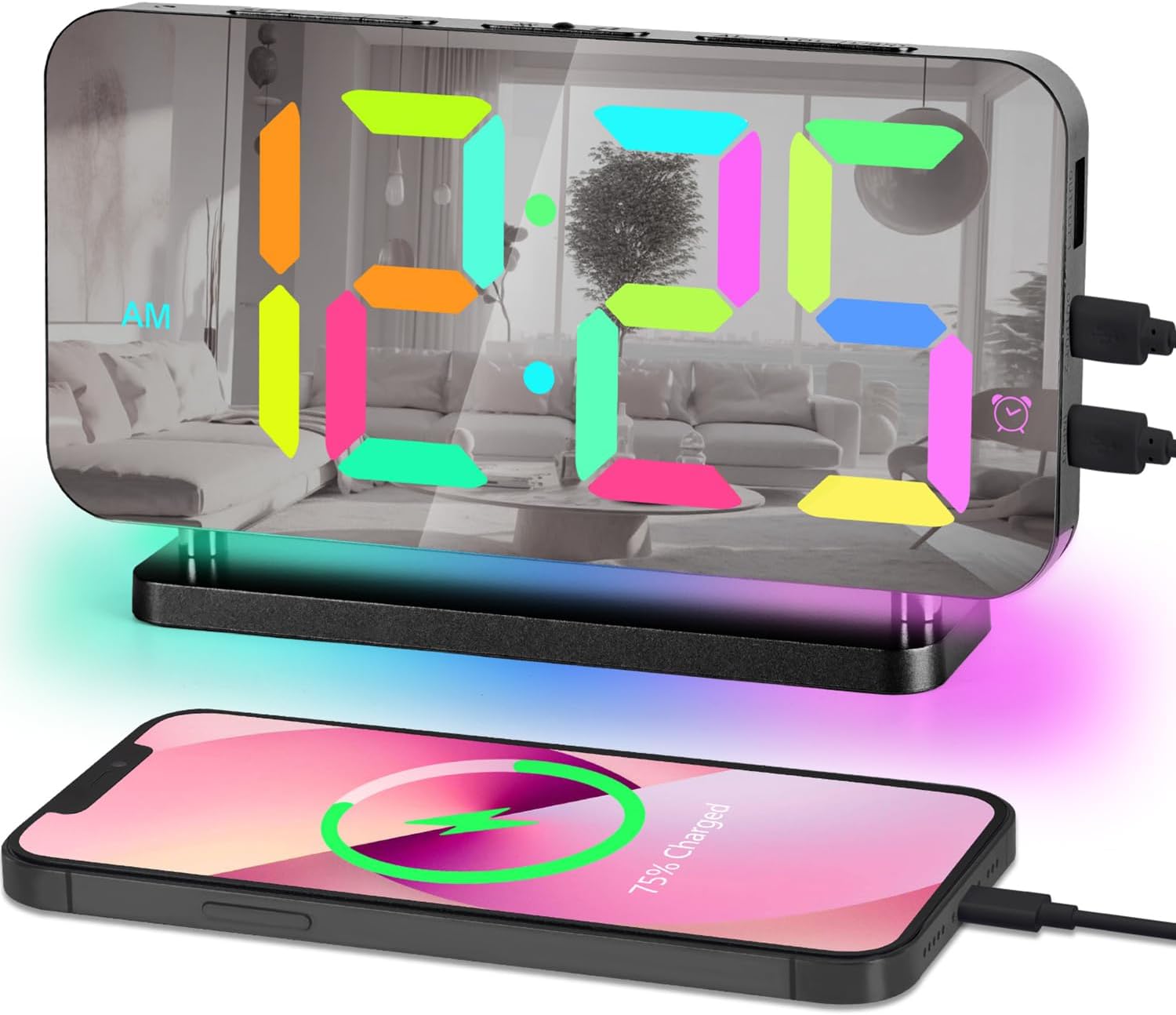 Poeroa Digital Alarm Clock with RGB Night Light and Large Display - Black