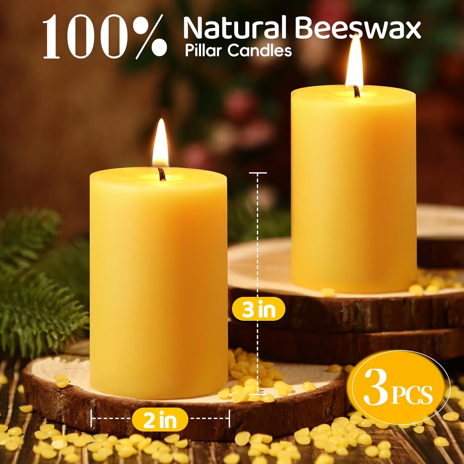 2x3 Inch Beeswax Pillar Candles Set of 3