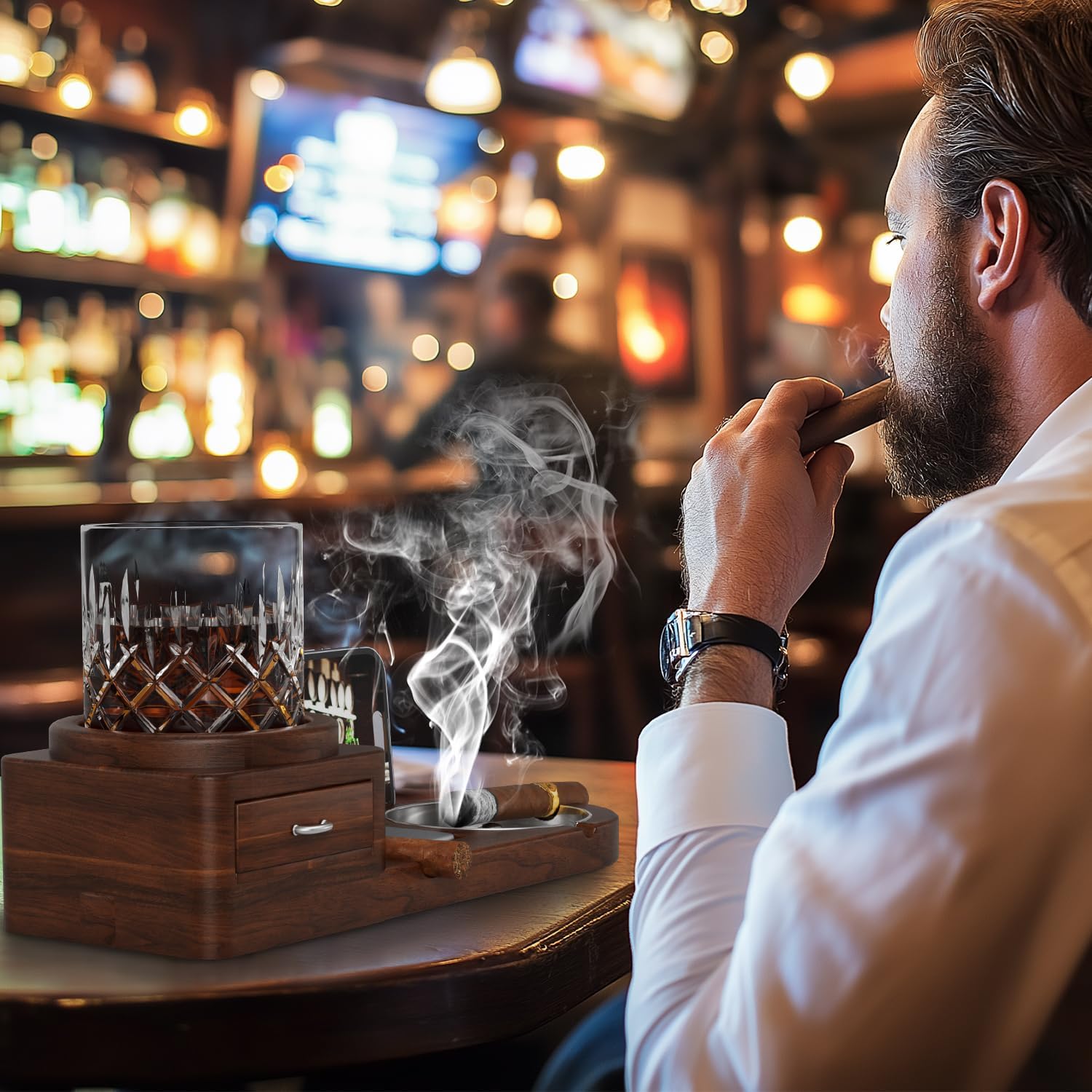 Cigar Ashtray Whiskey Glass Tray Set with Drawer