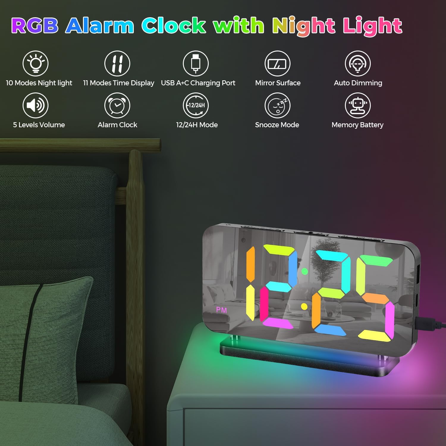 Poeroa Digital Alarm Clock with RGB Night Light and Large Display - Black