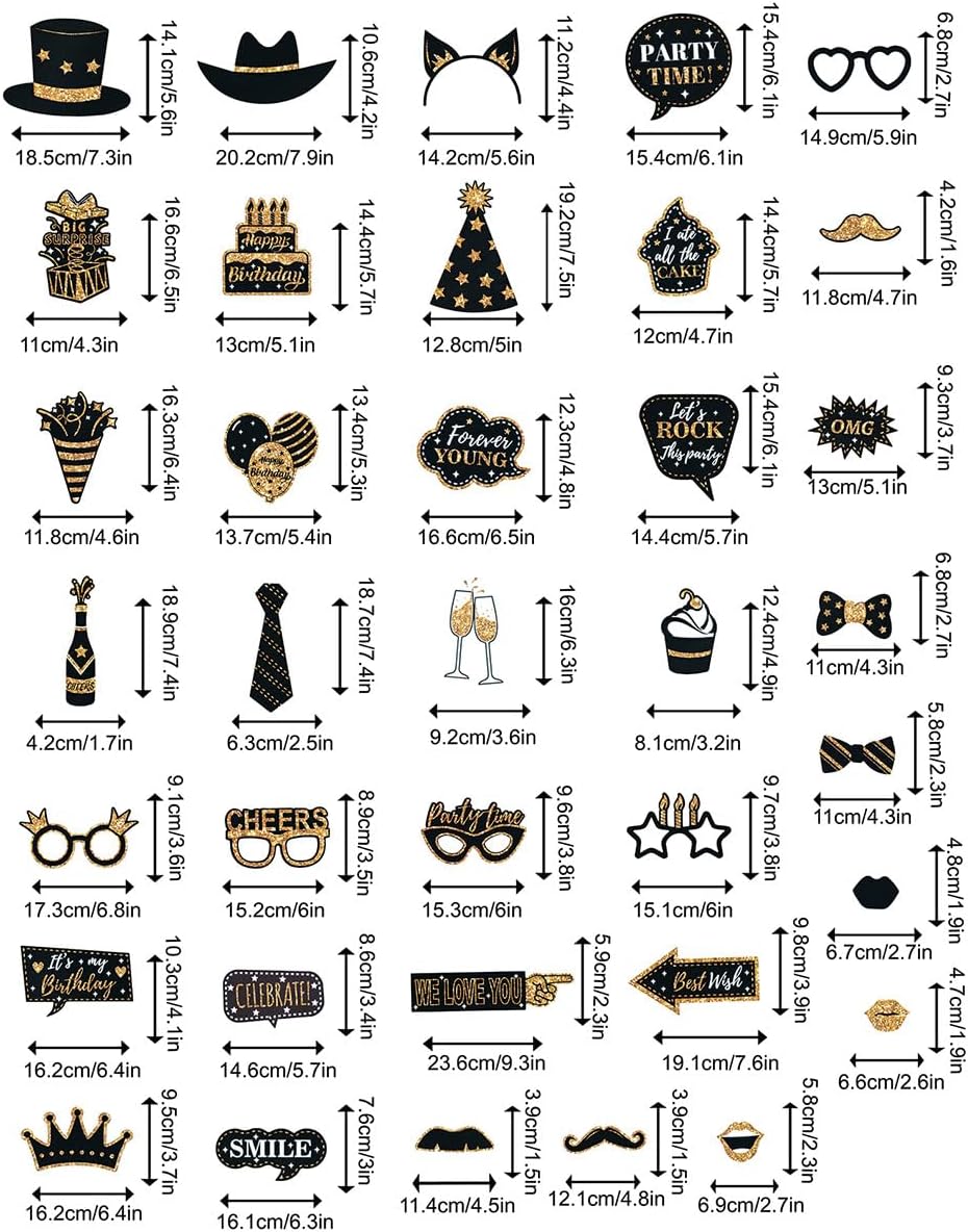 36Pcs Birthday Photo Booth Props Kit with Glitter