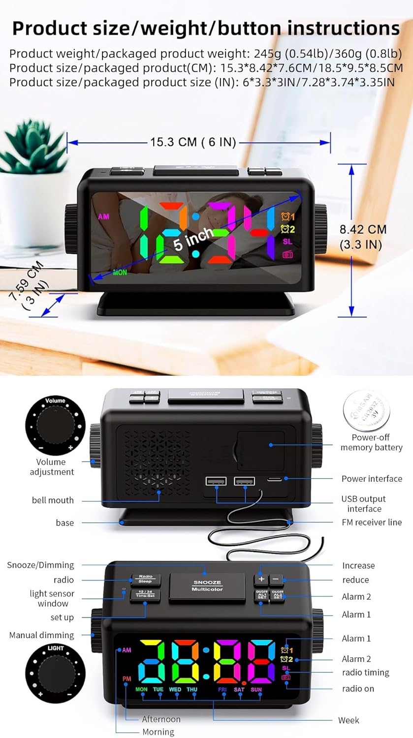 YHFITN Large Screen RGB Alarm Clock with 2 Alarms