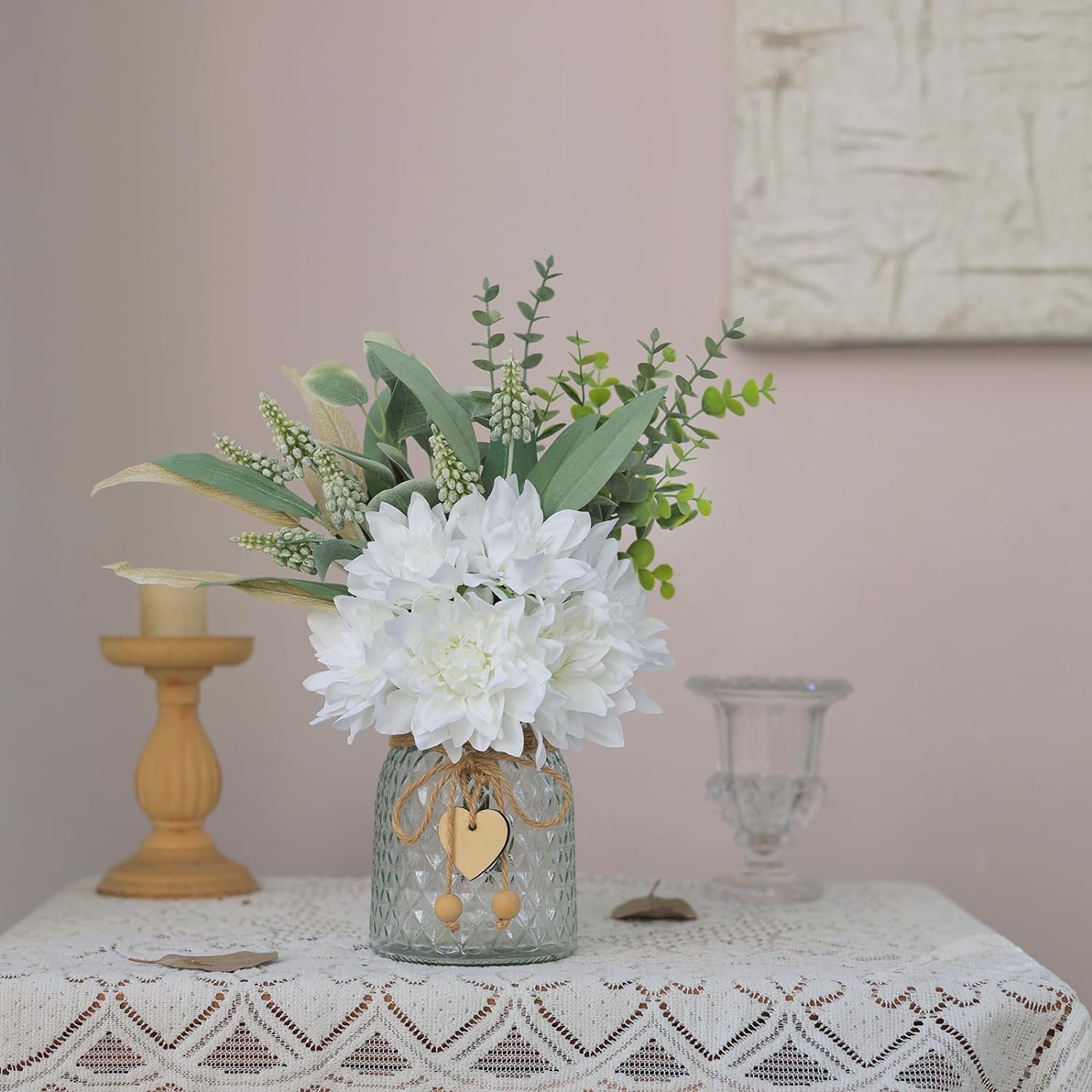 White Artificial Flowers with Vase Rustic Farmhouse Decor