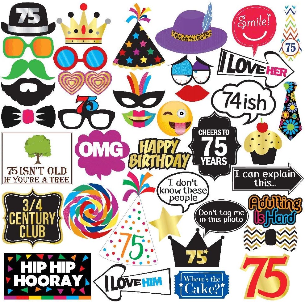 75th Birthday Photo Booth Props - 40 Pieces