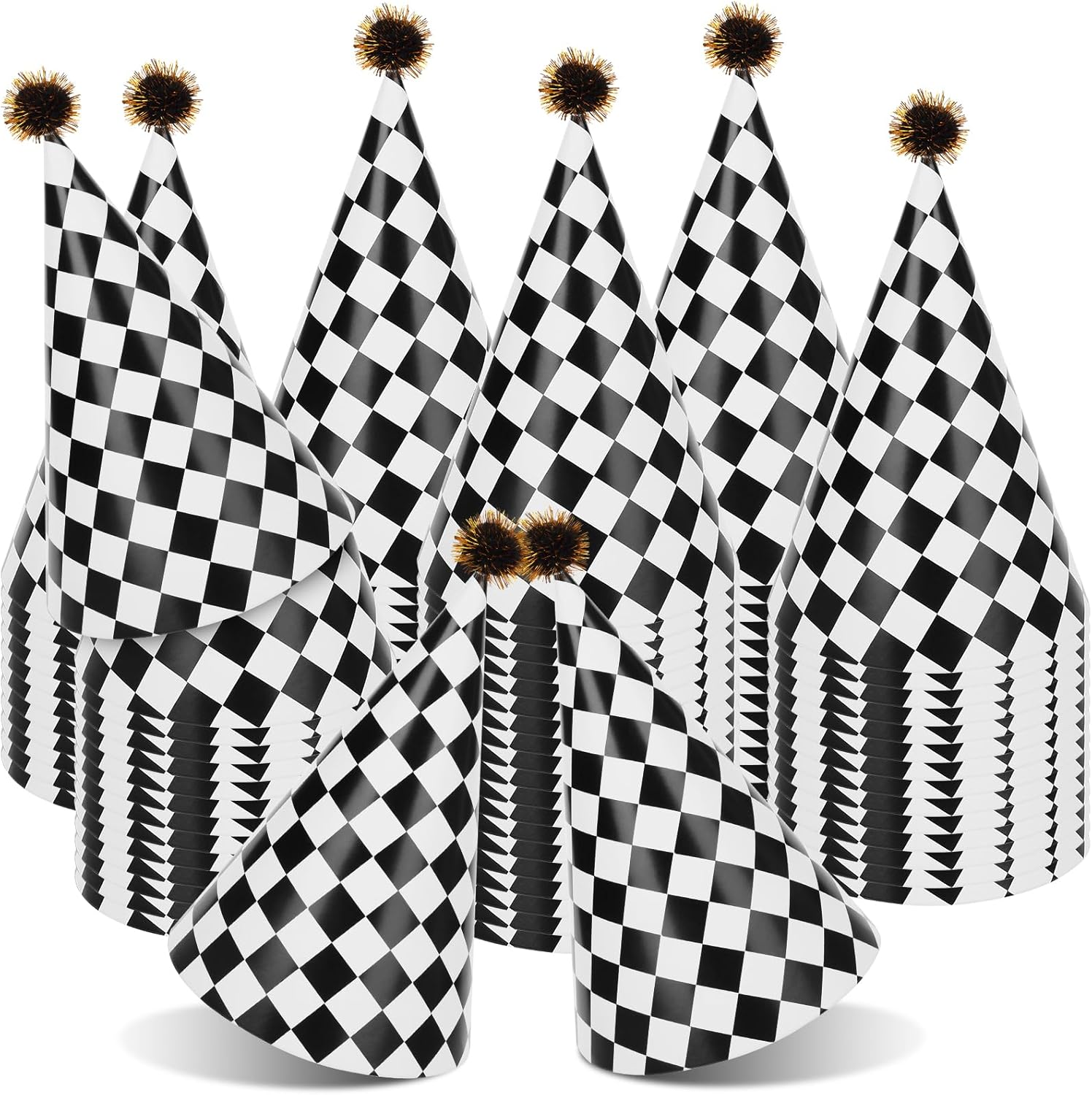 60PCS Race Car Themed Paper Cone Hats with Pom Poms and Elastic