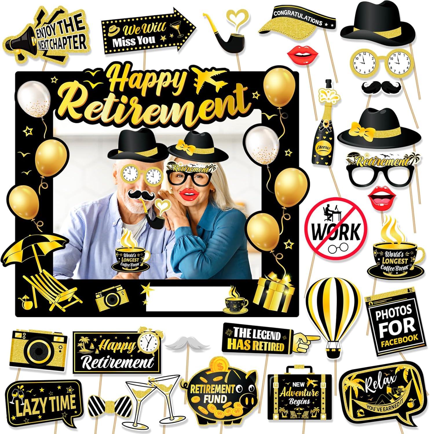 HOWAF Retirement Party Photo Booth Props Kit - 26pcs Selfie Props Frame