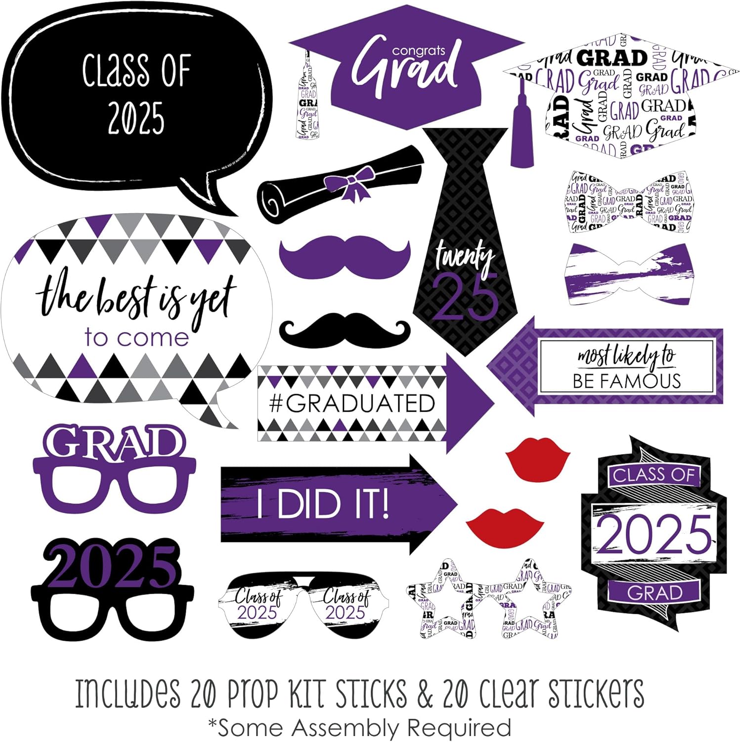Big Dot of Happiness Graduation Props 2025 Purple 20-Pack