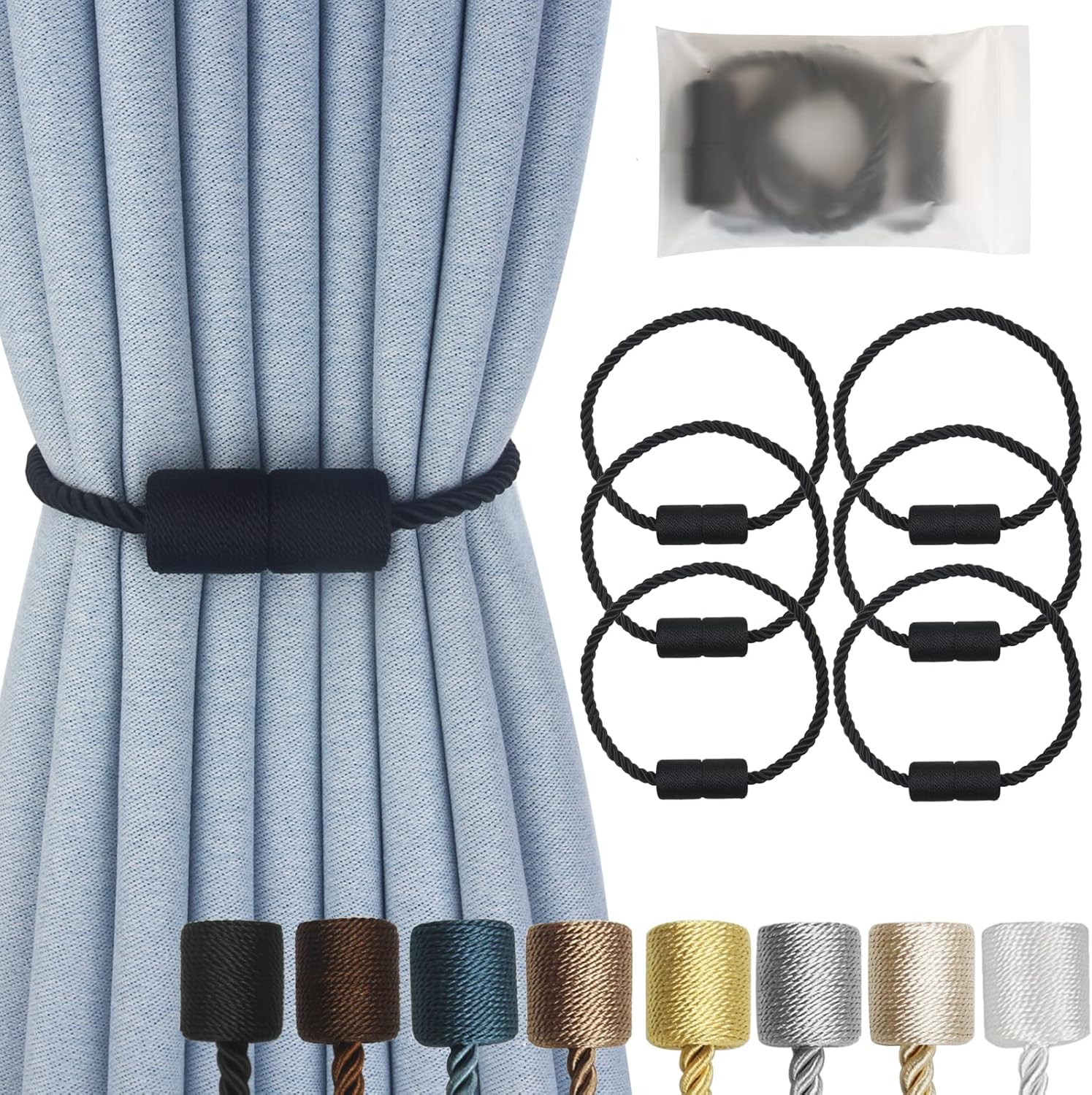 Hangtty Magnetic Curtain Tiebacks 6 Pack Modern Black Holders