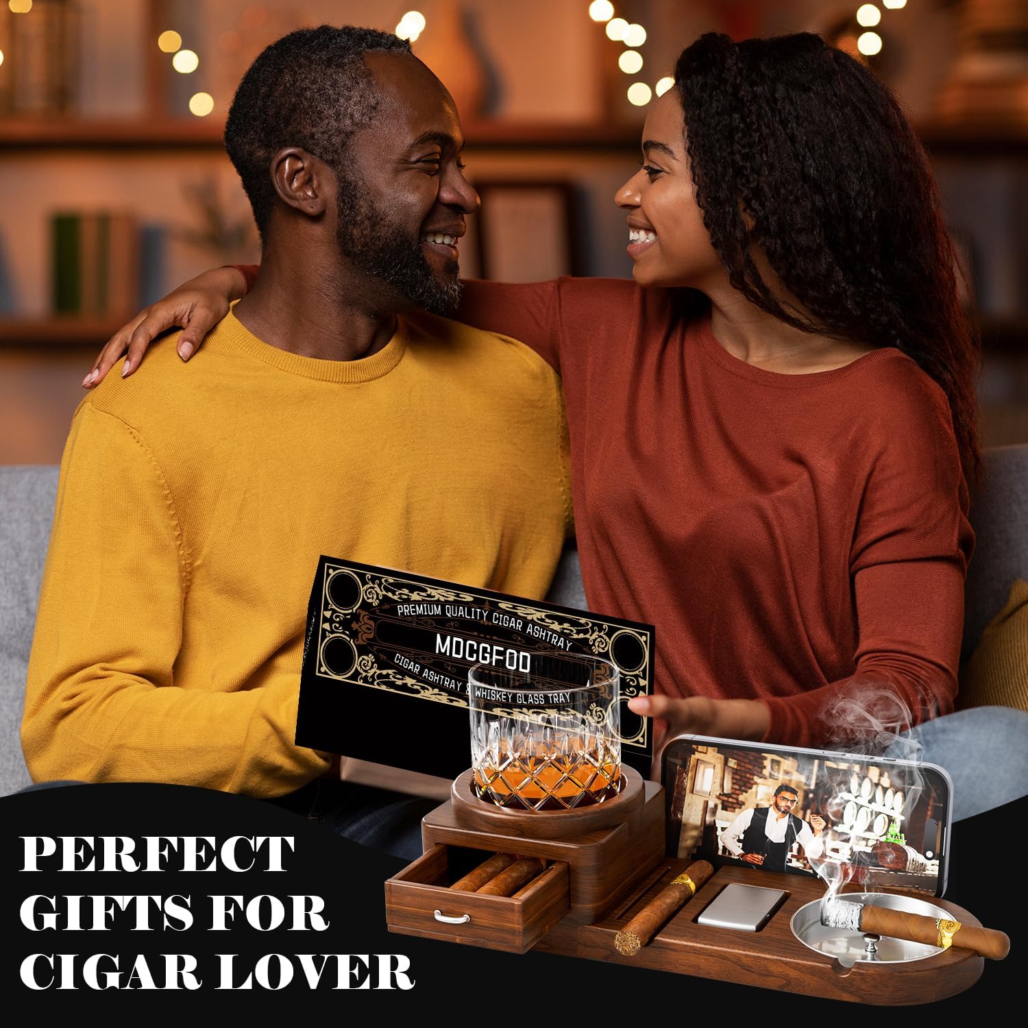 Cigar Ashtray Whiskey Glass Tray Set with Drawer
