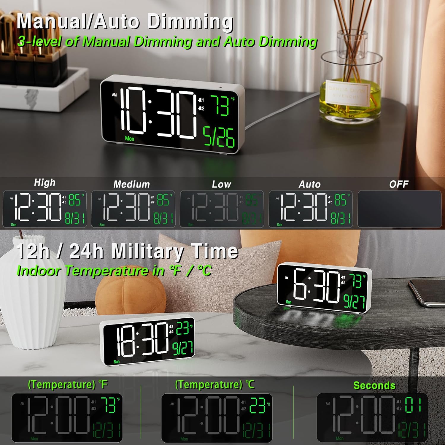 KOSUMOSU 67in Digital Alarm Clock with Auto Dimming