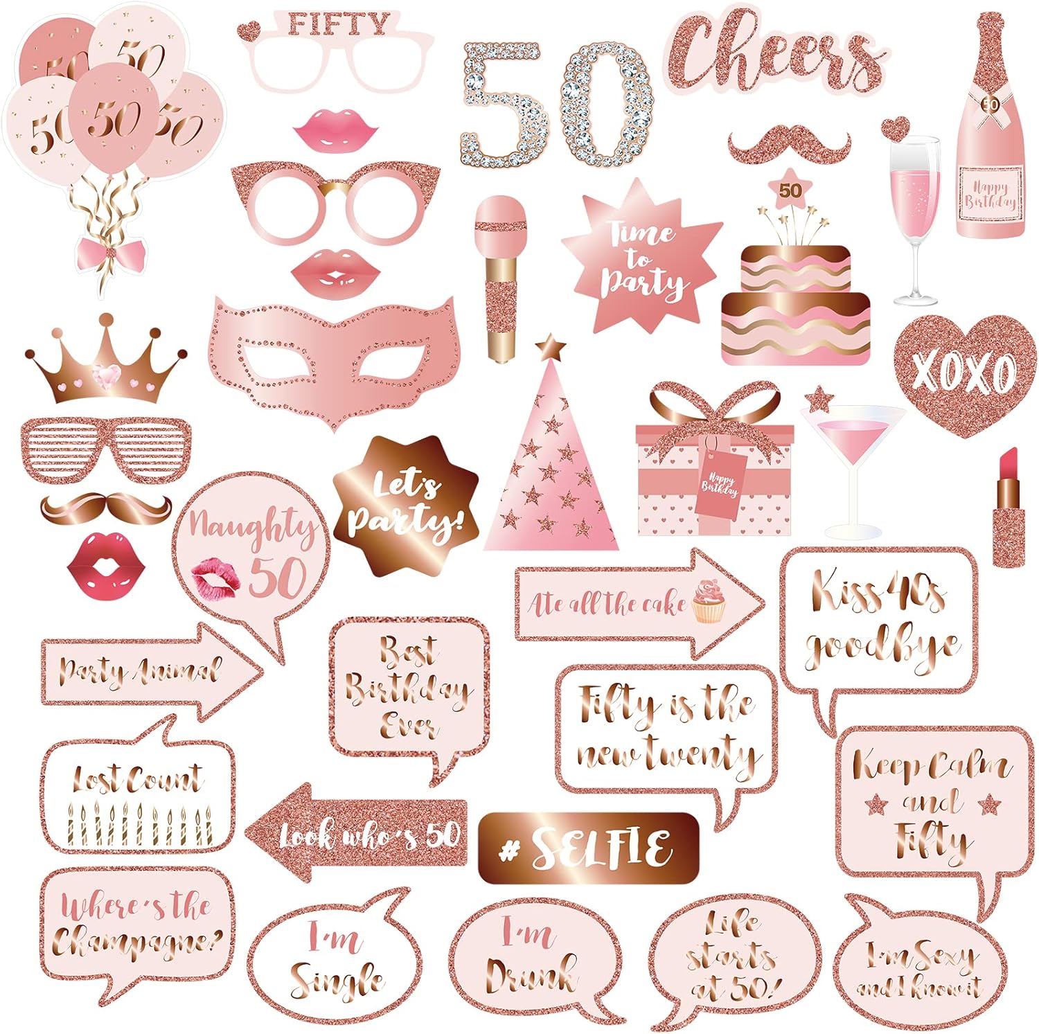 50th Birthday Photo Booth Props Kit Rose Gold