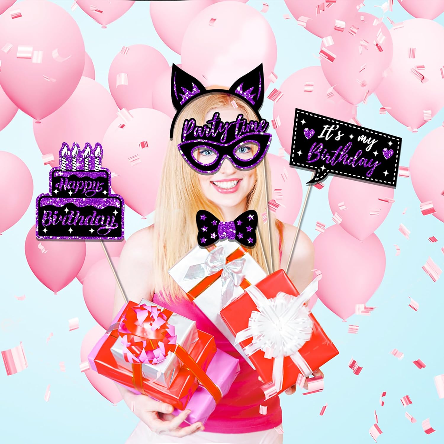 36 Piece Birthday Photo Booth Props Set Purple Black