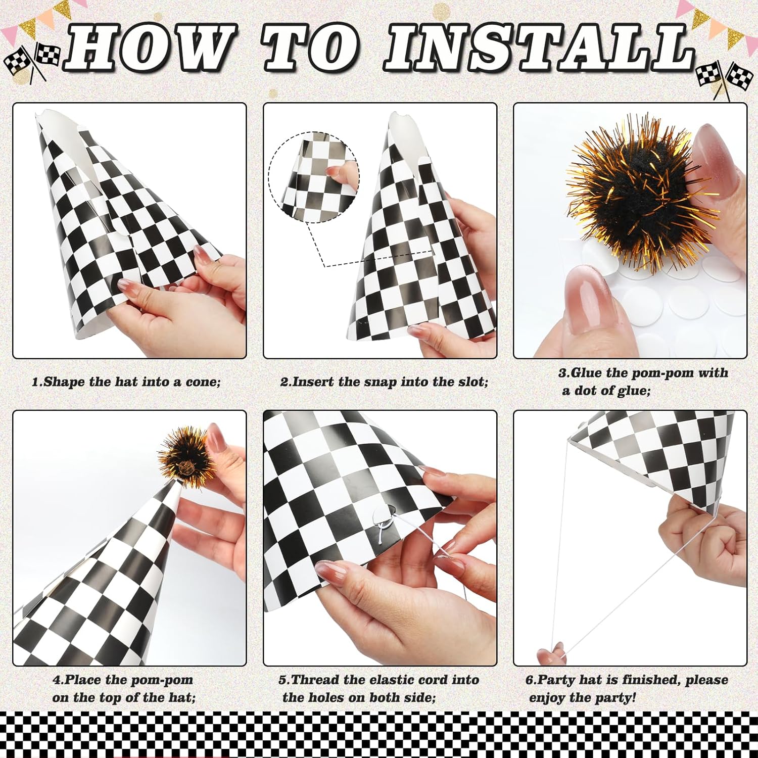 60PCS Race Car Themed Paper Cone Hats with Pom Poms and Elastic