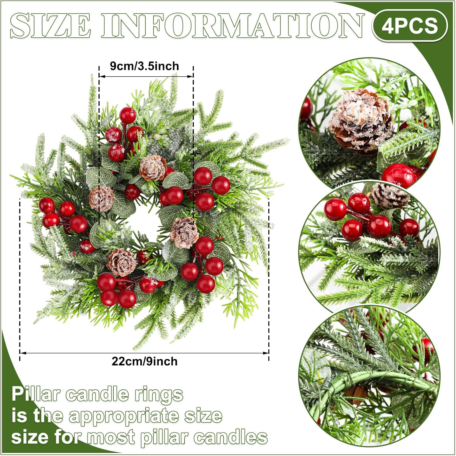 Lyrow 4 Pcs Christmas Candle Rings Wreath Holder