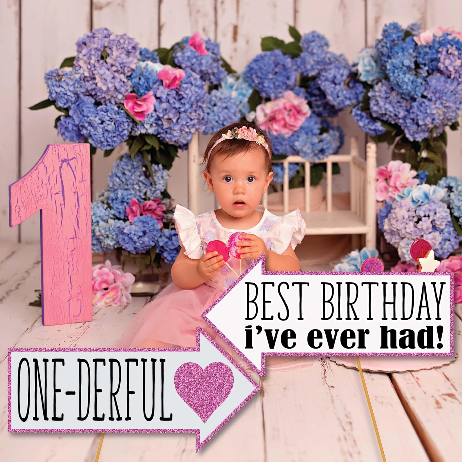 1st Birthday Photo Booth Props - 41 Piece Kit with Sign Sticks Adhesive Pads