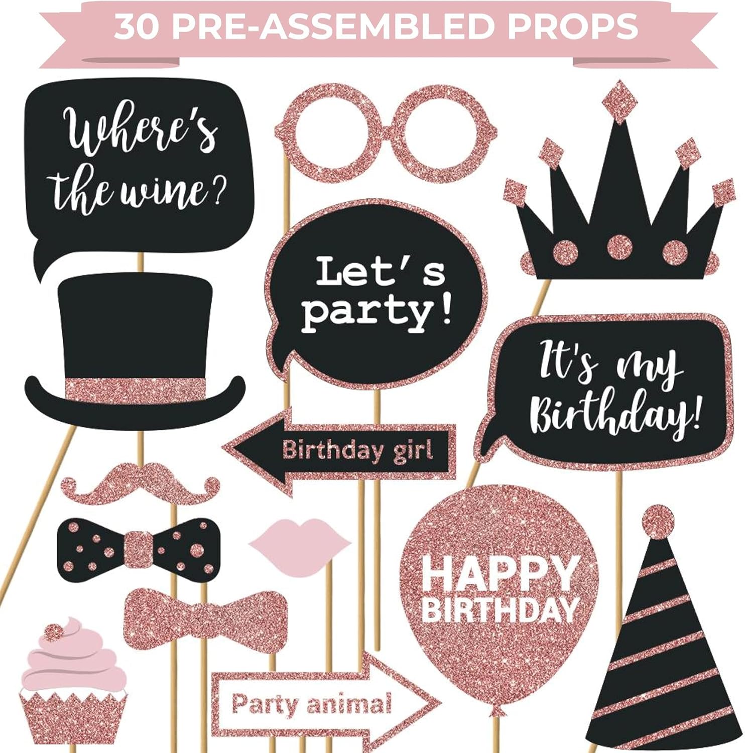 Fully Assembled Birthday Photo Booth Props 30 Piece Set