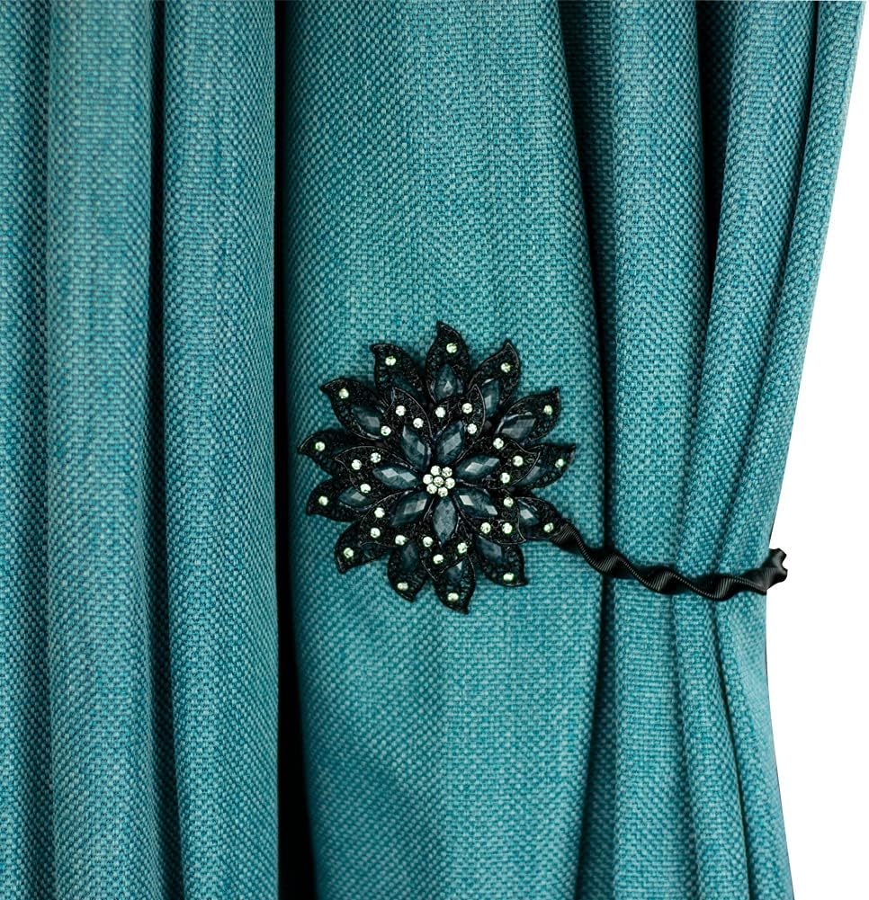 2PCS Magnetic Curtain Holdbacks with Crystal Flower Design Black