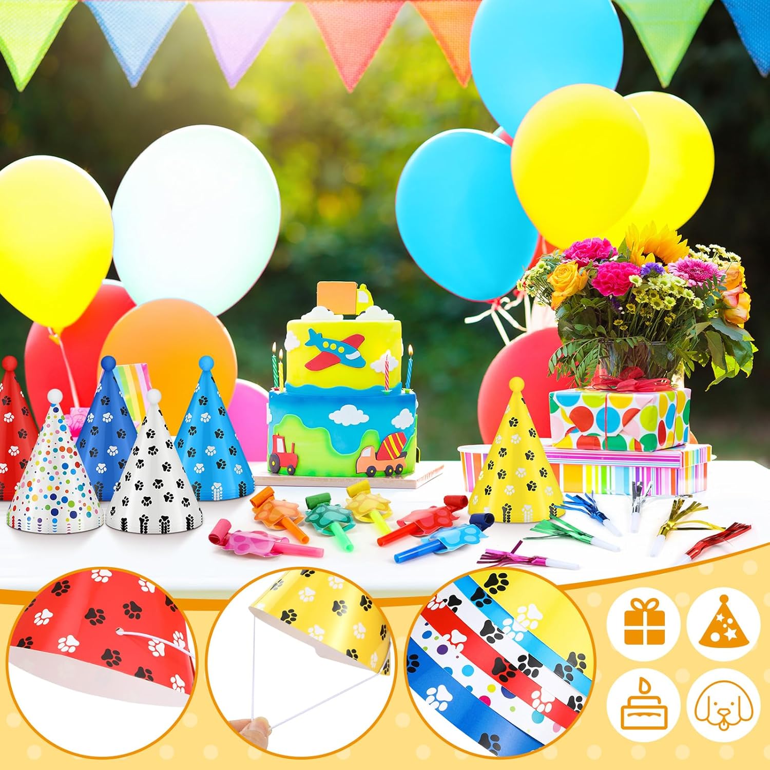 72 Pcs Dog Paw Party Hat Set with Blowers and Noise Makers
