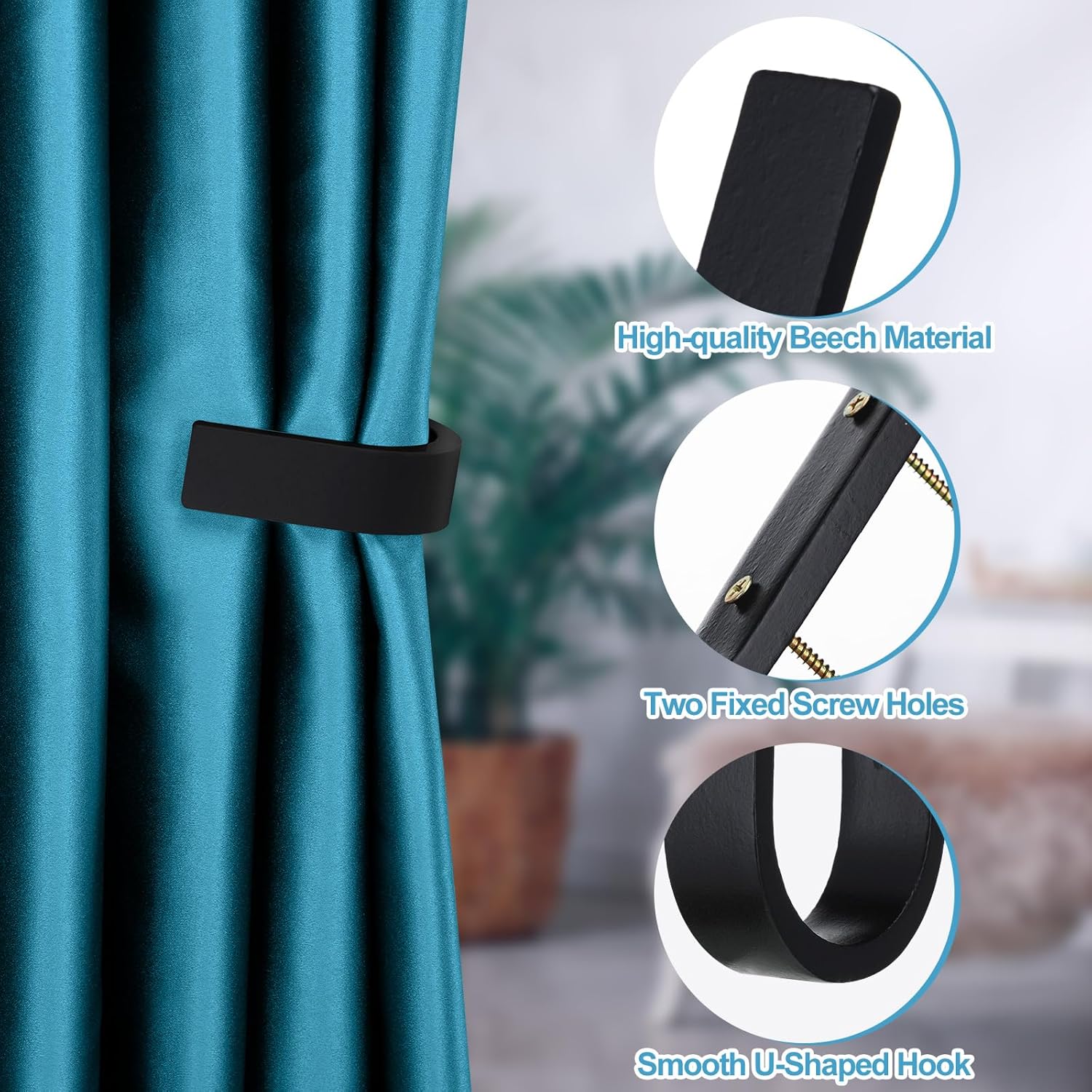 Kigley 4 Pcs Wood Curtain Tiebacks with Hooks