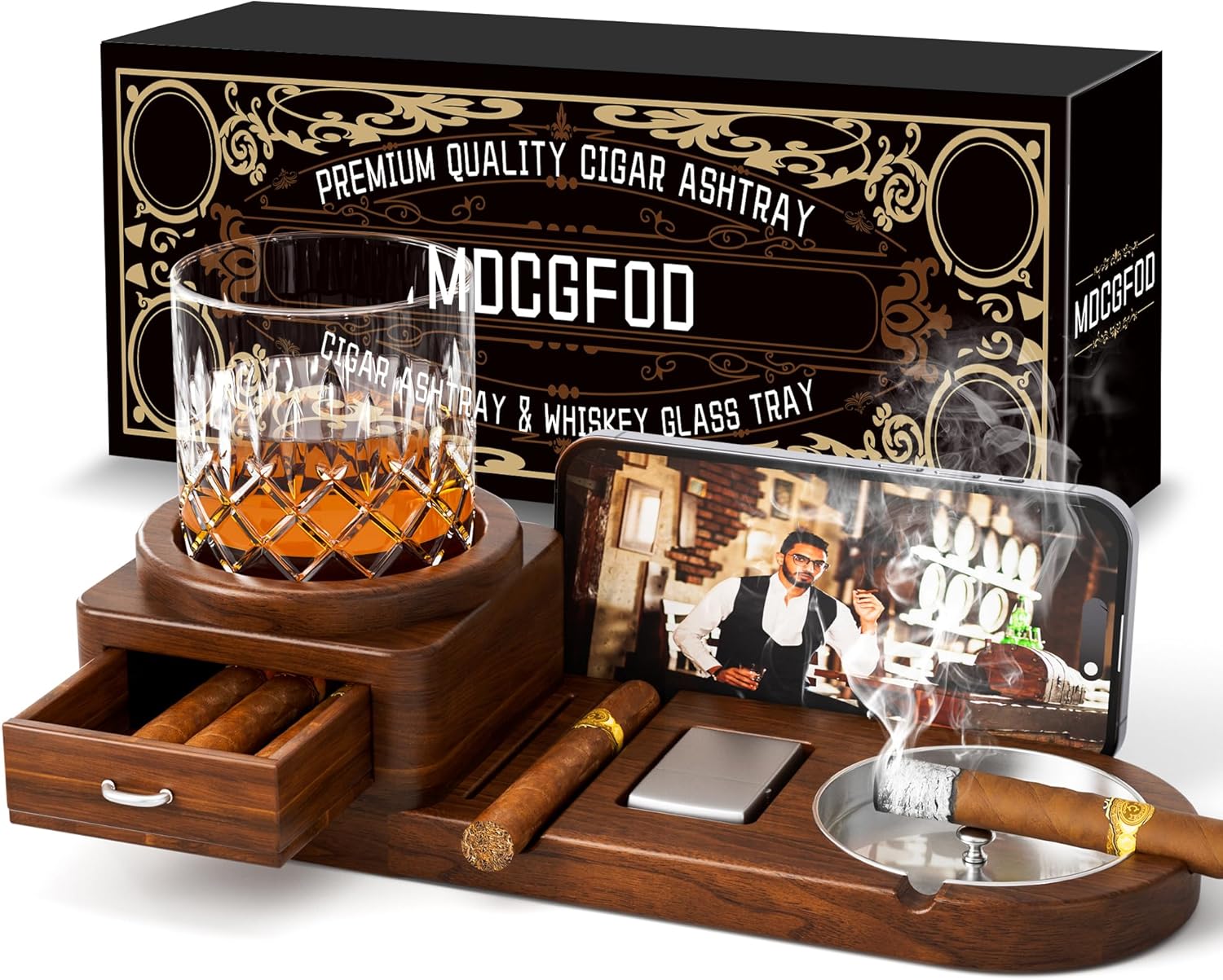 Cigar Ashtray Whiskey Glass Tray Set with Drawer