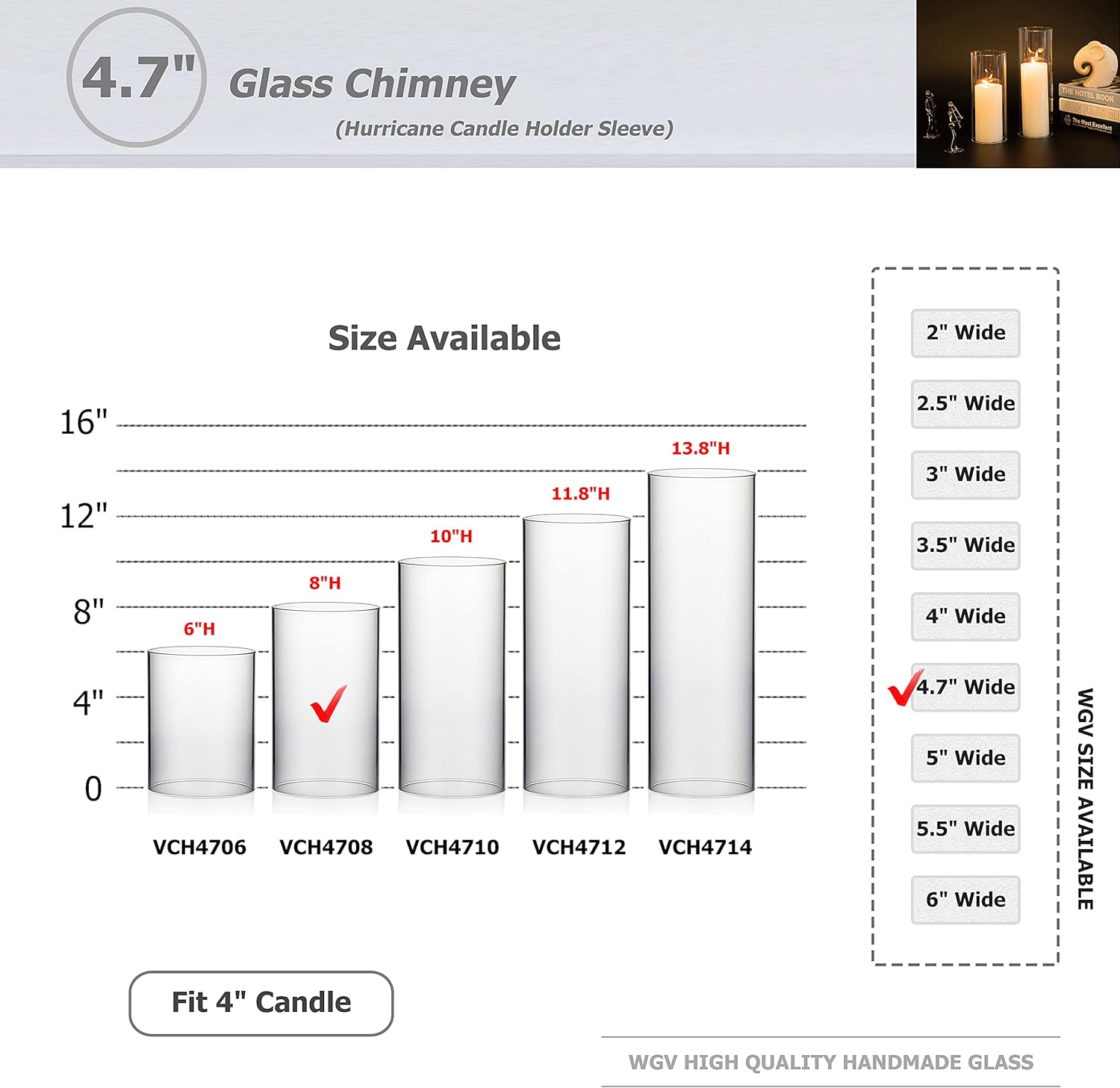 WGVI Hurricane Candle Holder Sleeve Clear Glass Cylinder 47 Wide 8 Tall