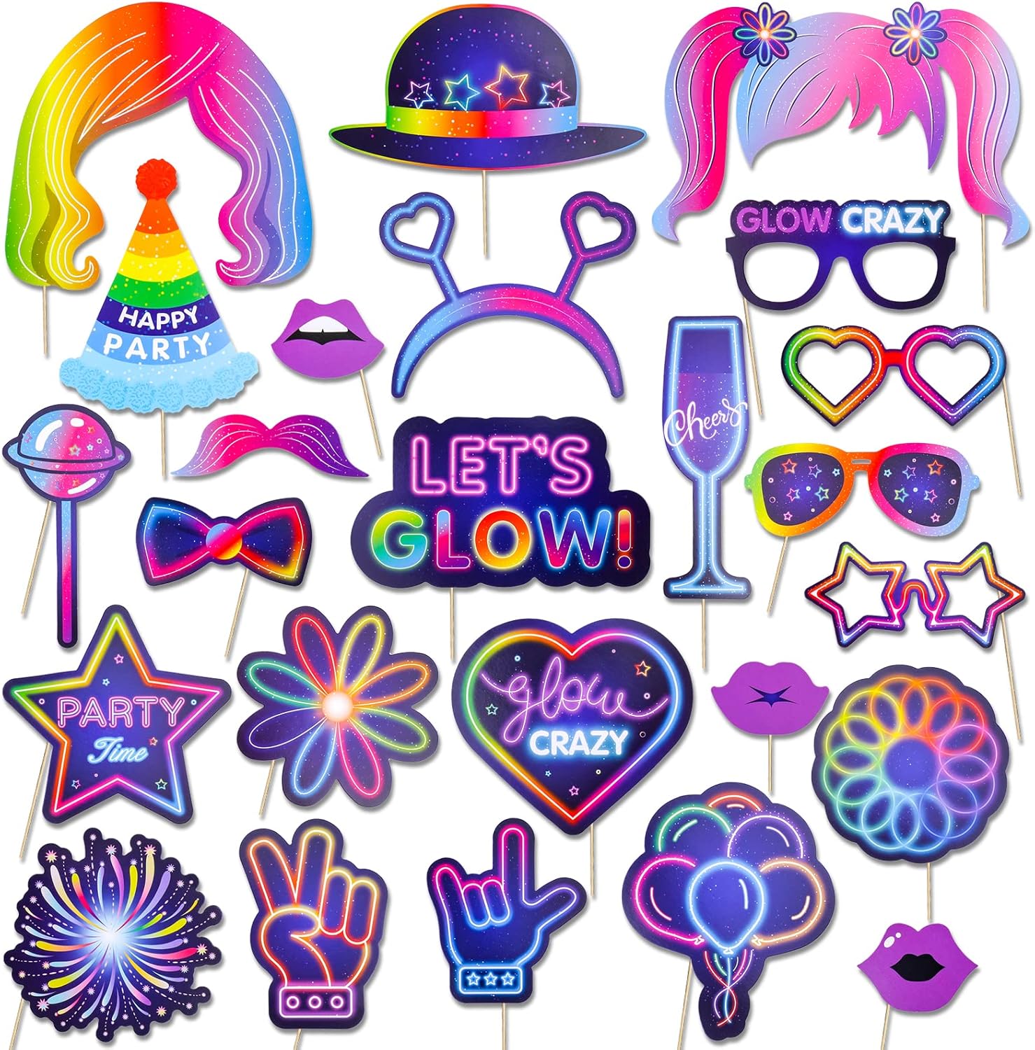 25 Piece Neon Glow Photo Booth Props Set