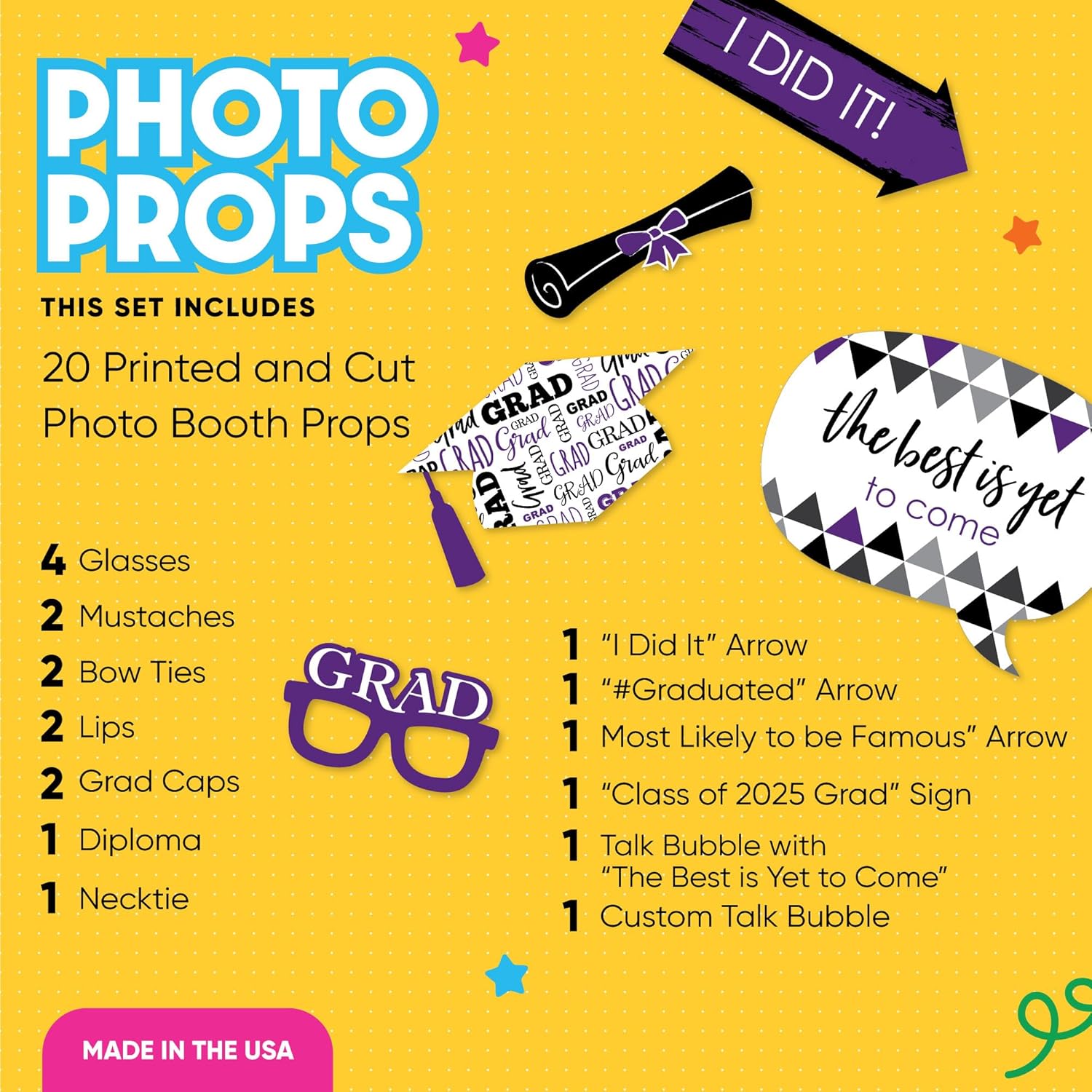 Big Dot of Happiness Graduation Props 2025 Purple 20-Pack