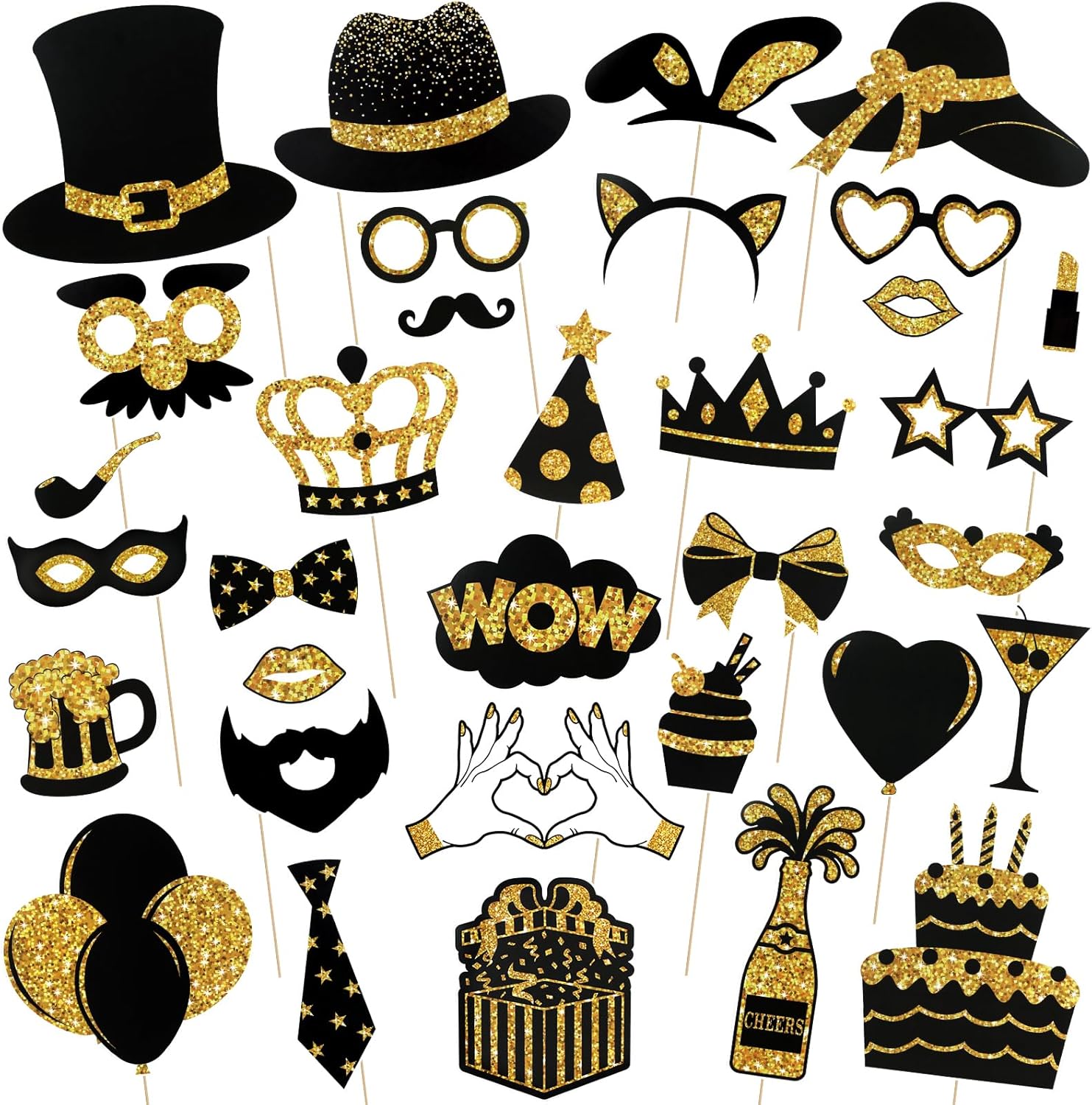 36PCS Black and Gold Photo Booth Props