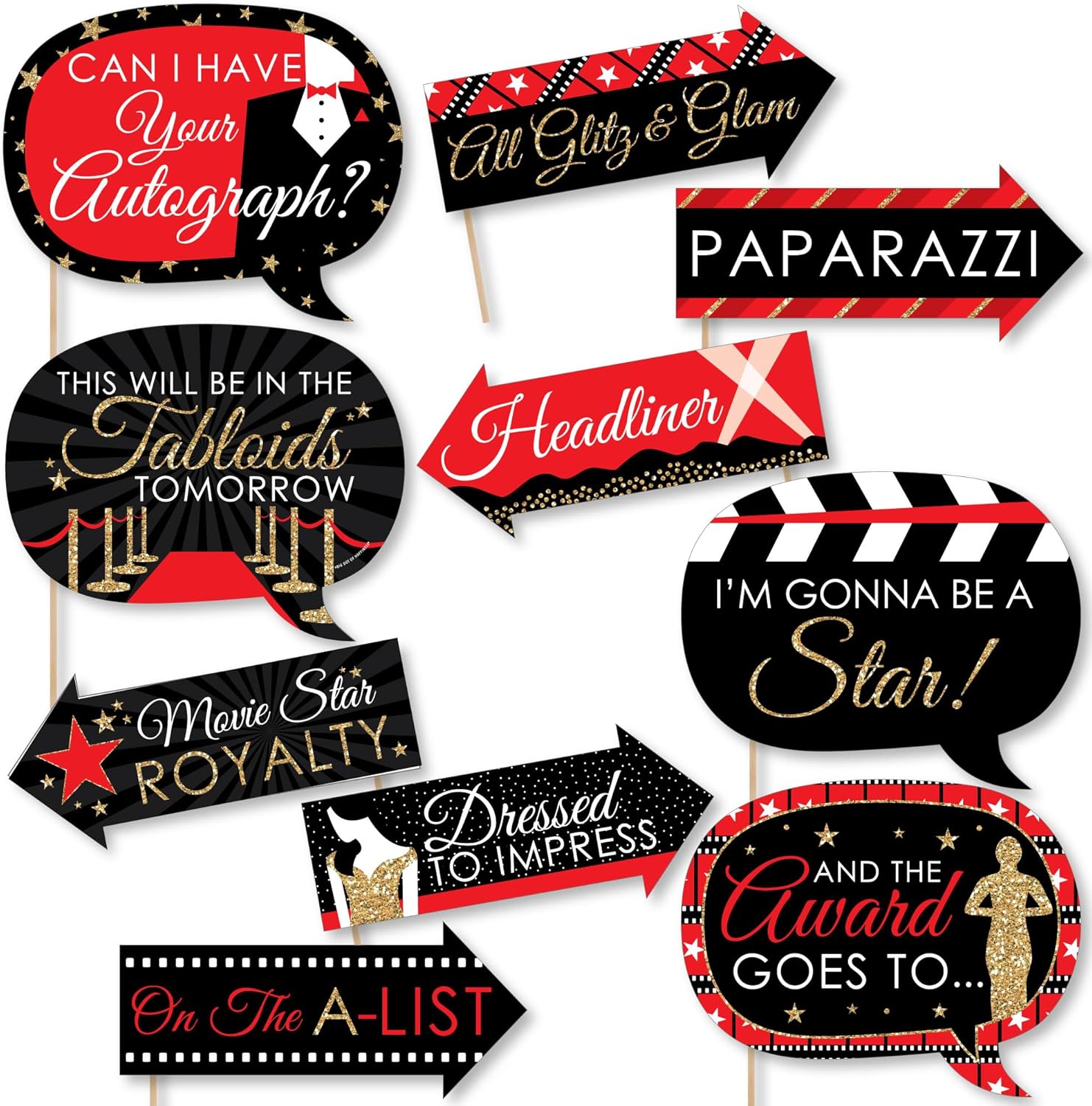 Big Dot of Happiness Funny Red Carpet Photo Booth Props Kit 10 Ct