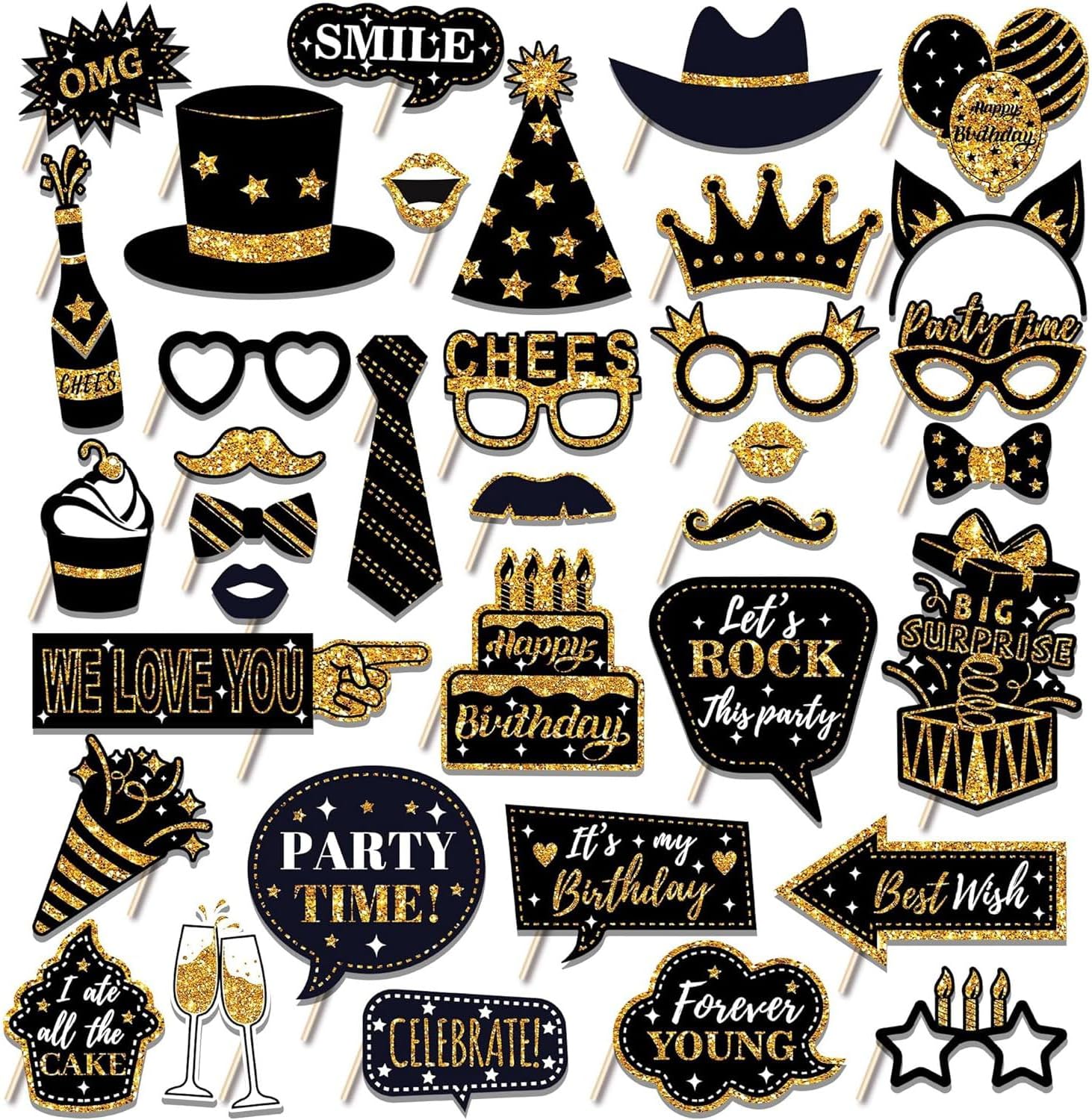 36Pcs Birthday Photo Booth Props Kit with Glitter