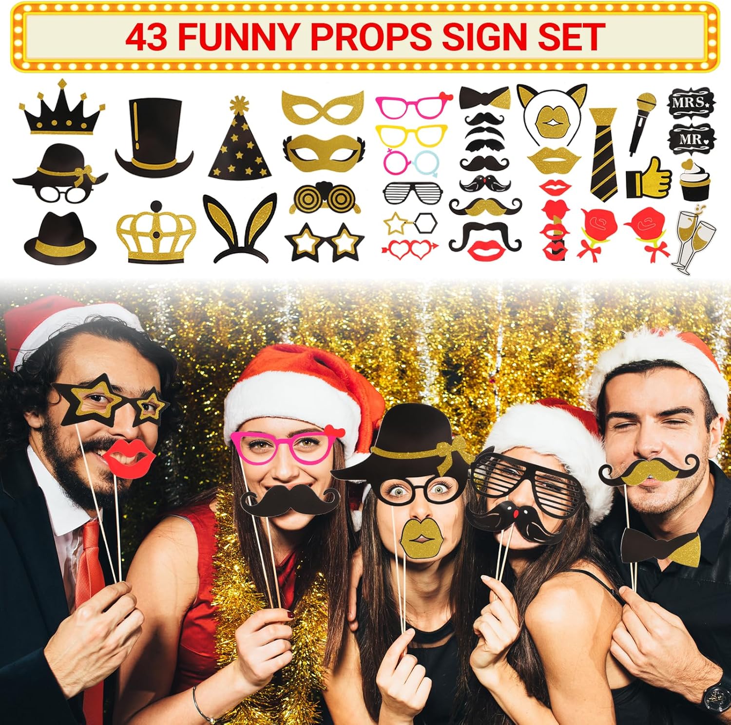 Gold Party Photo Booth Props Set for Adults
