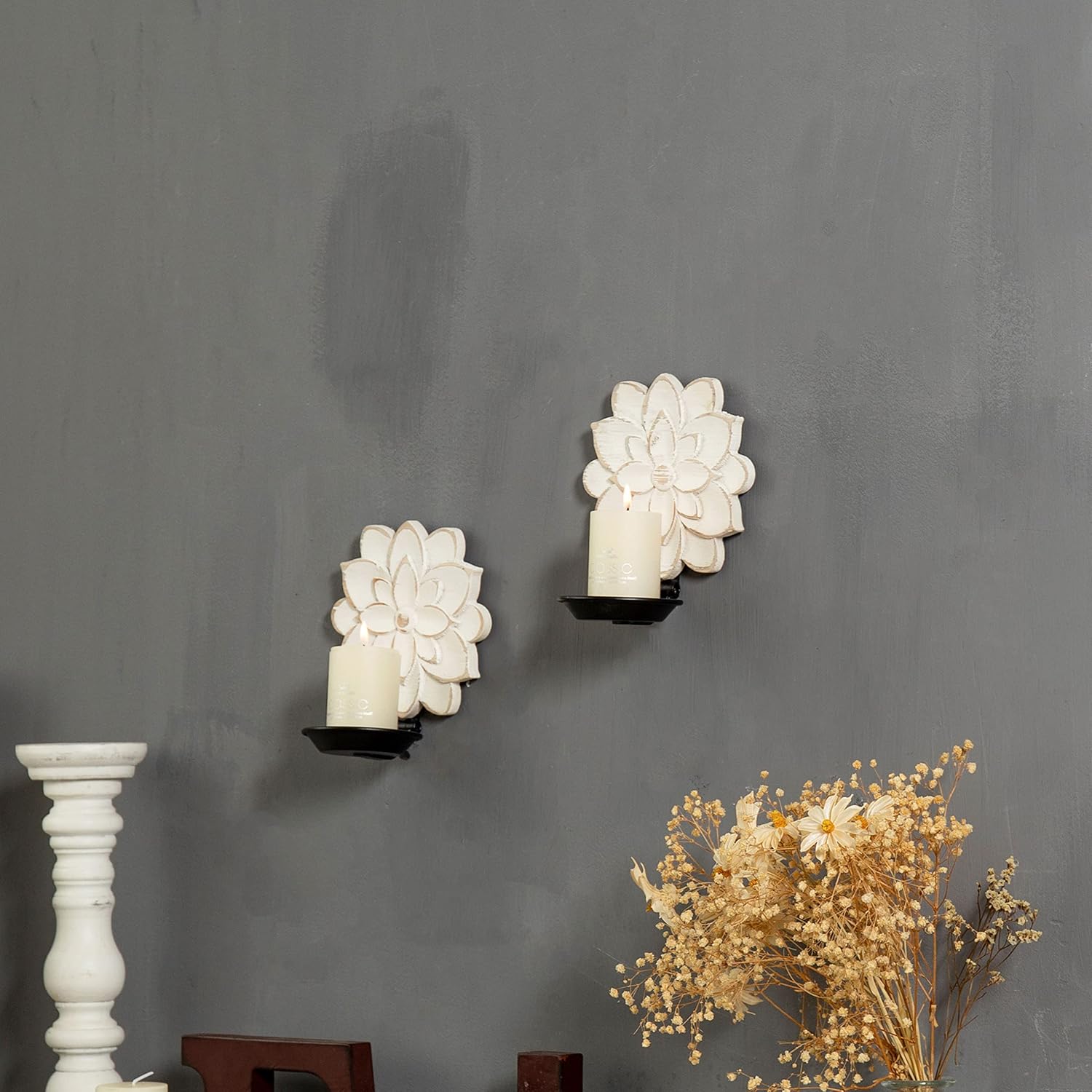 Farmhouse Candle Sconces Set of Two with Distressed Finish