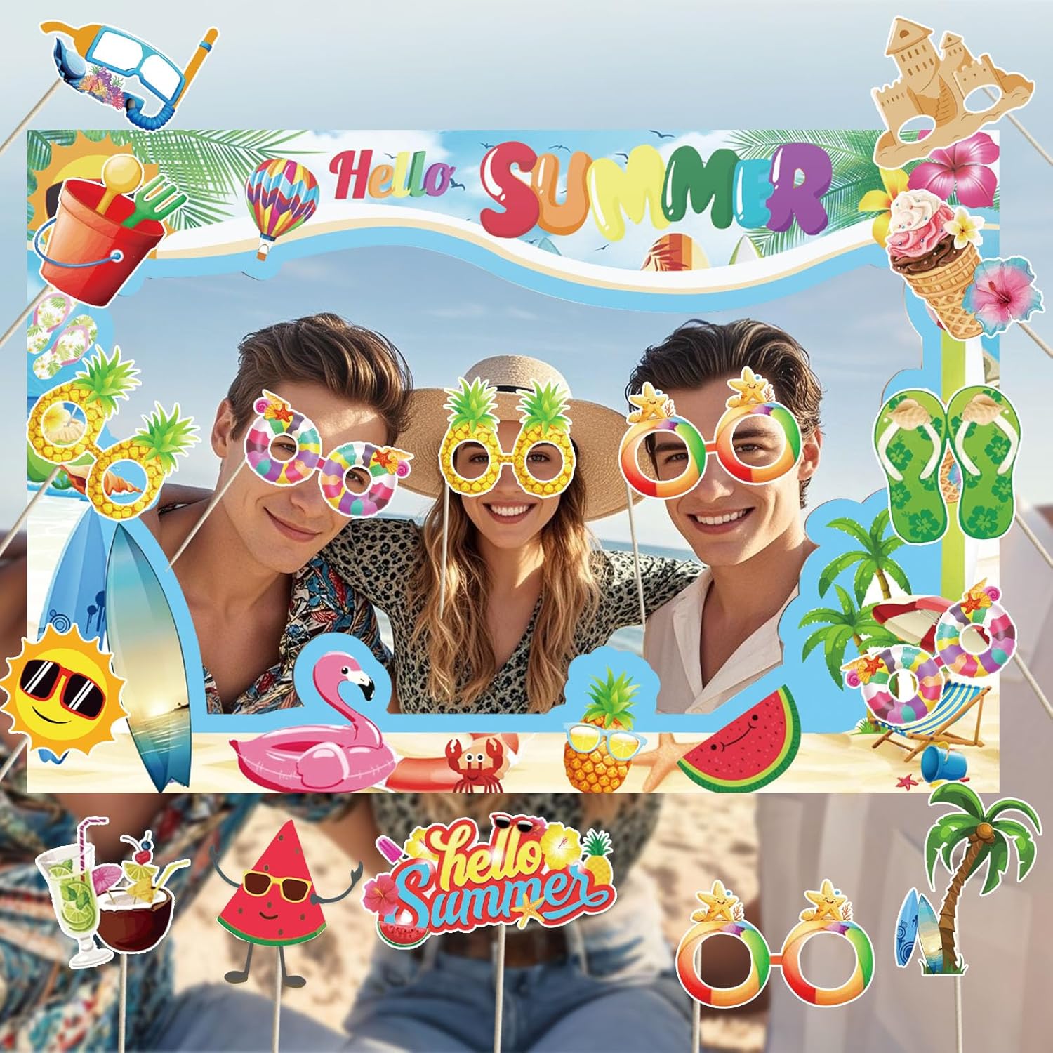 Hello Summer Photo Booth Props Set - Tropical Hawaiian Theme