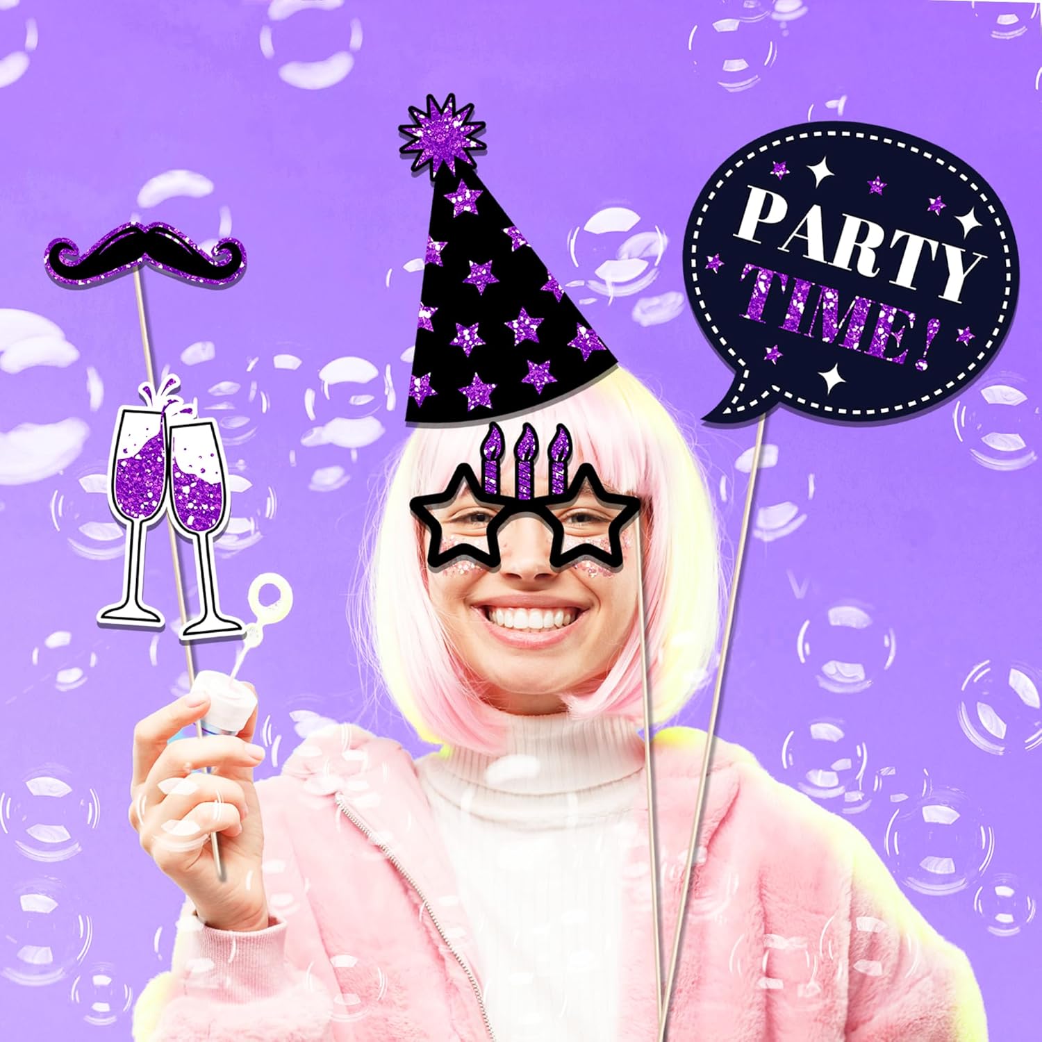 36 Piece Birthday Photo Booth Props Set Purple Black