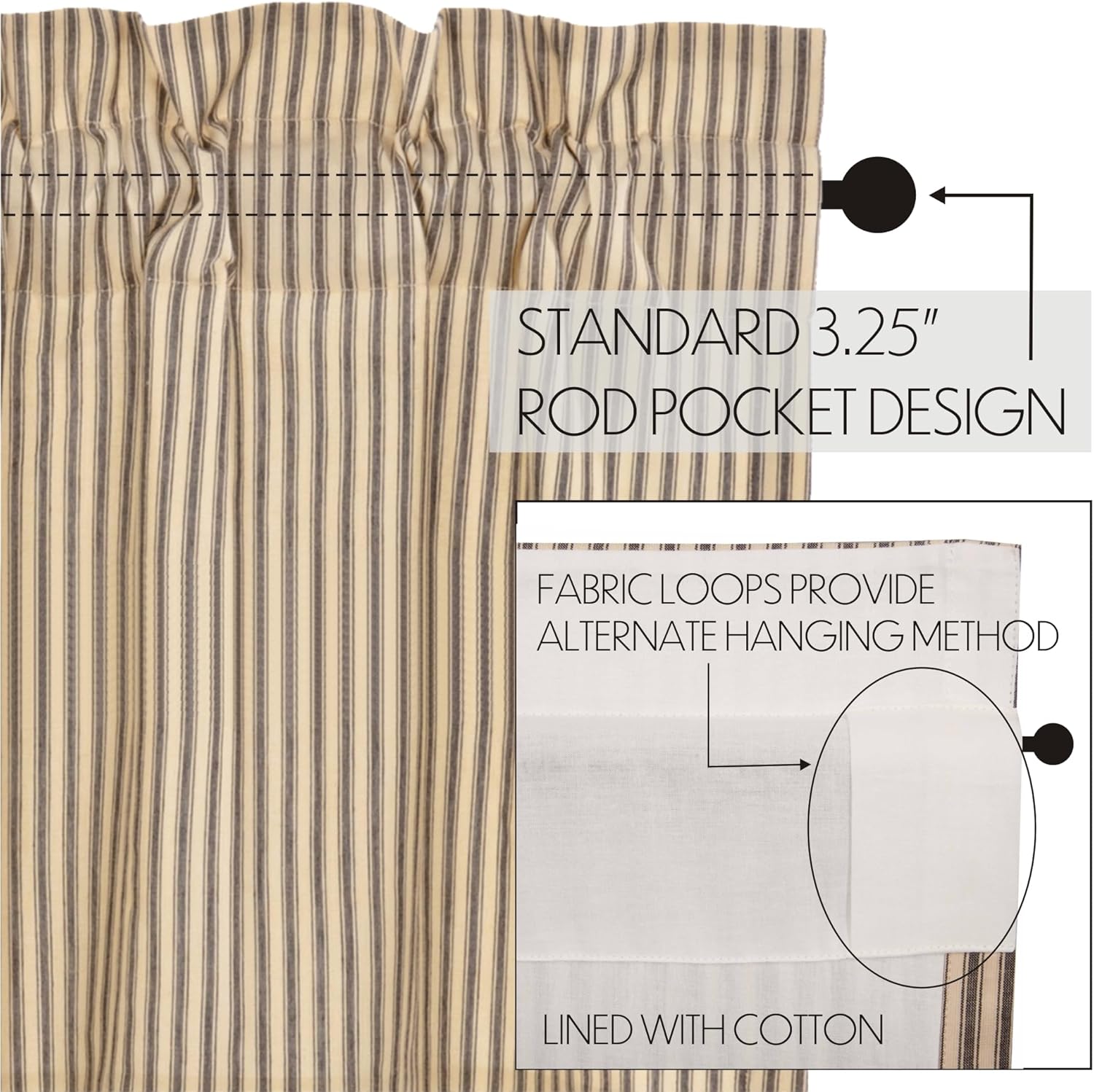 VHC Brands Charcoal Striped Swag Curtains 36 Inch