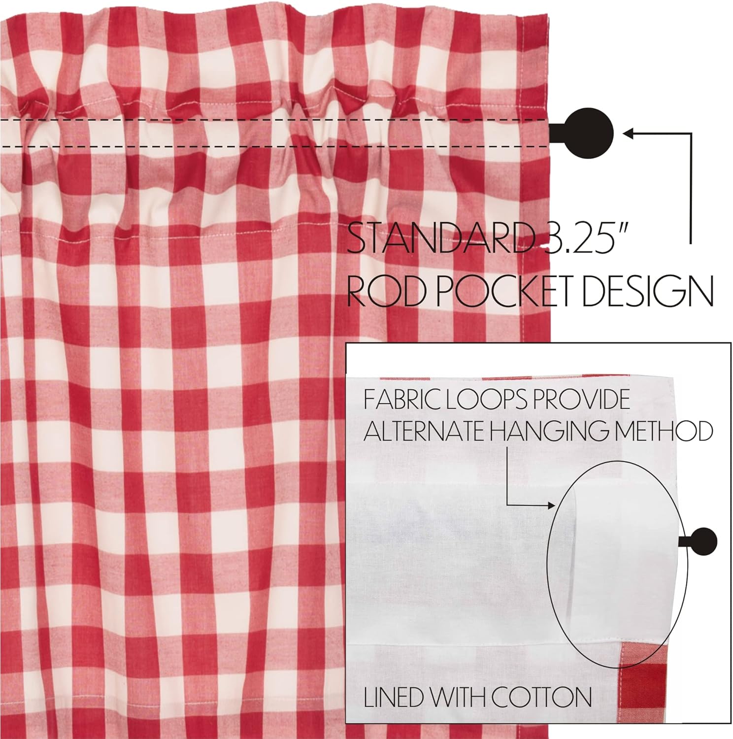 VHC Brands Red Buffalo Check Swag Curtains Pair 36x36x16