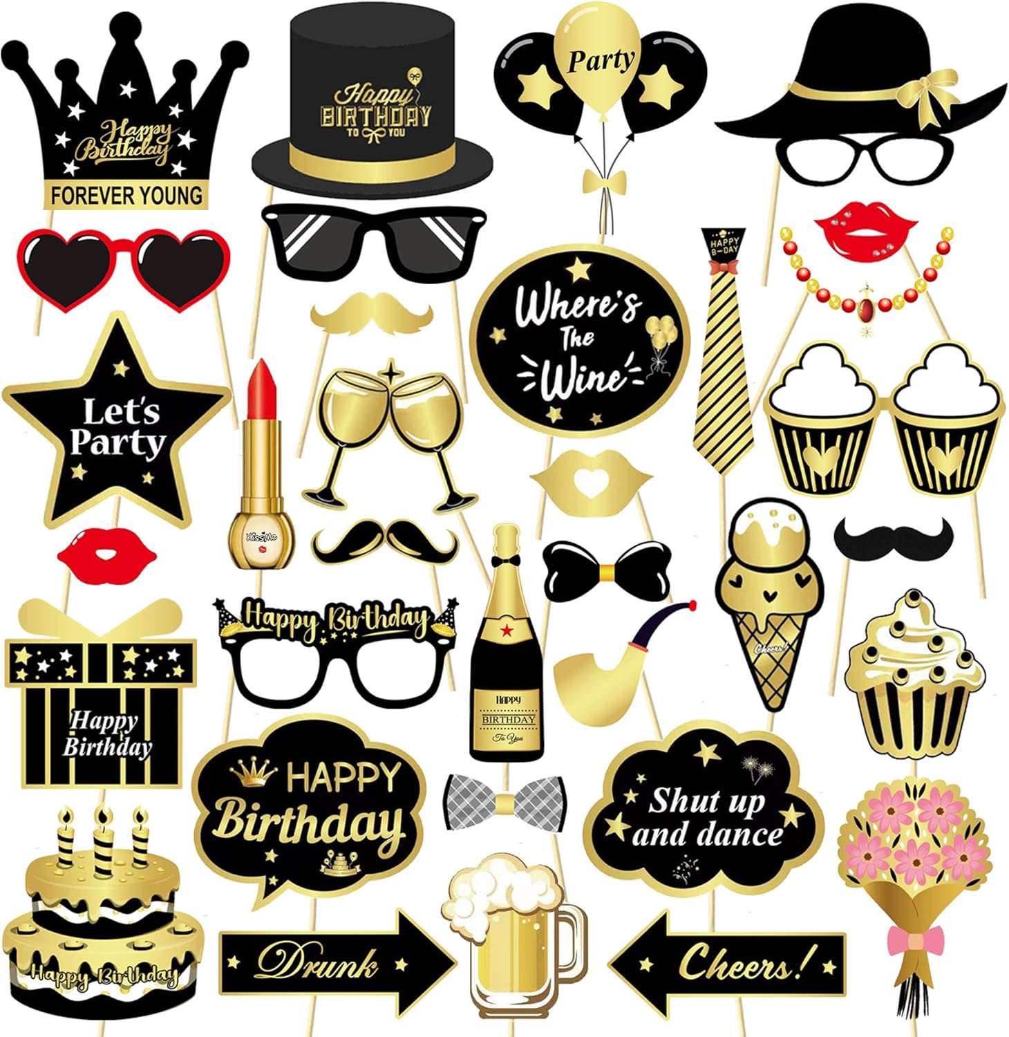 34pcs Gold and Black Birthday Photo Booth Props Kit