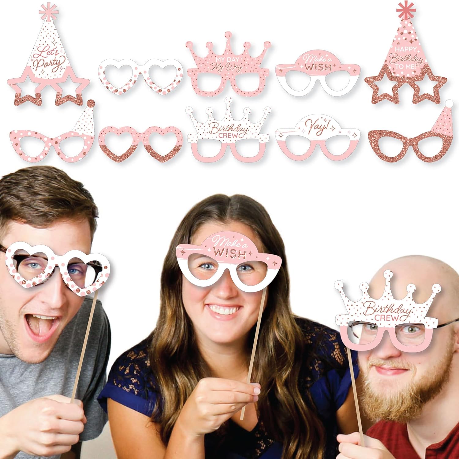 Pink Rose Gold Birthday Photo Booth Props Kit - 10 Count