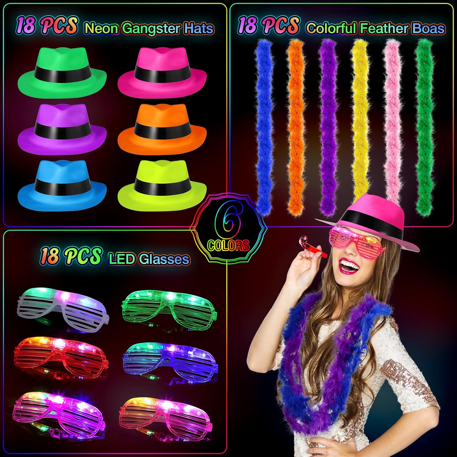 54 Piece Halloween Neon Party Kit with LED Glasses and Gangster Hats