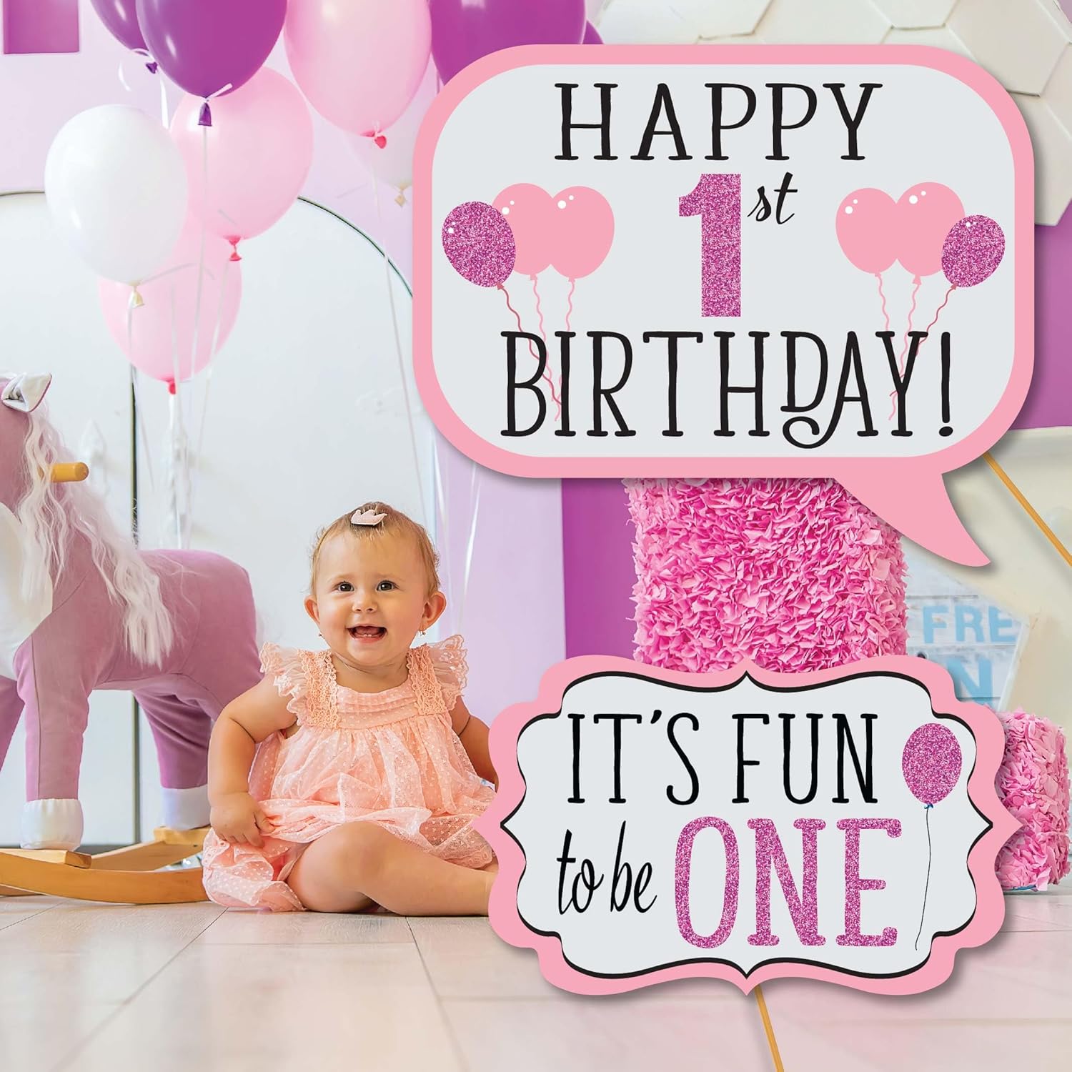 1st Birthday Photo Booth Props - 41 Piece Kit with Sign Sticks Adhesive Pads