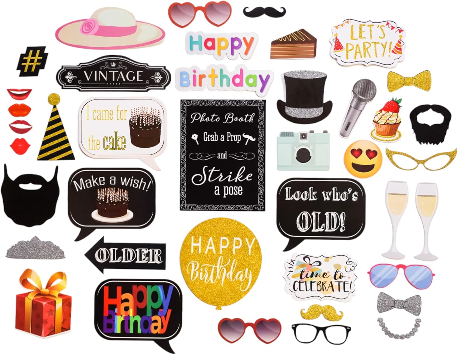 Birthday Photo Booth Props - 41pc Kit with 8x10 Sign