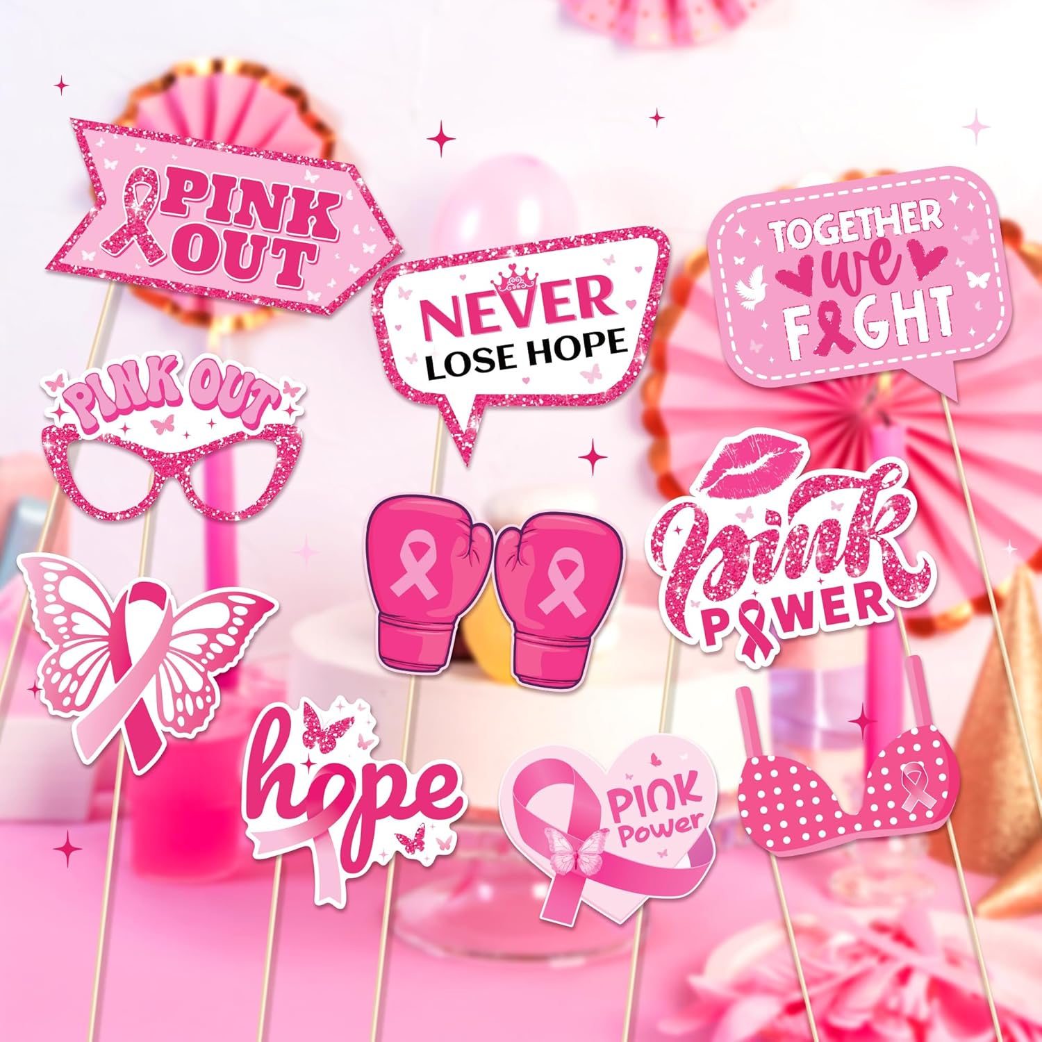 25pcs Breast Cancer Awareness Photo Booth Props with Stick